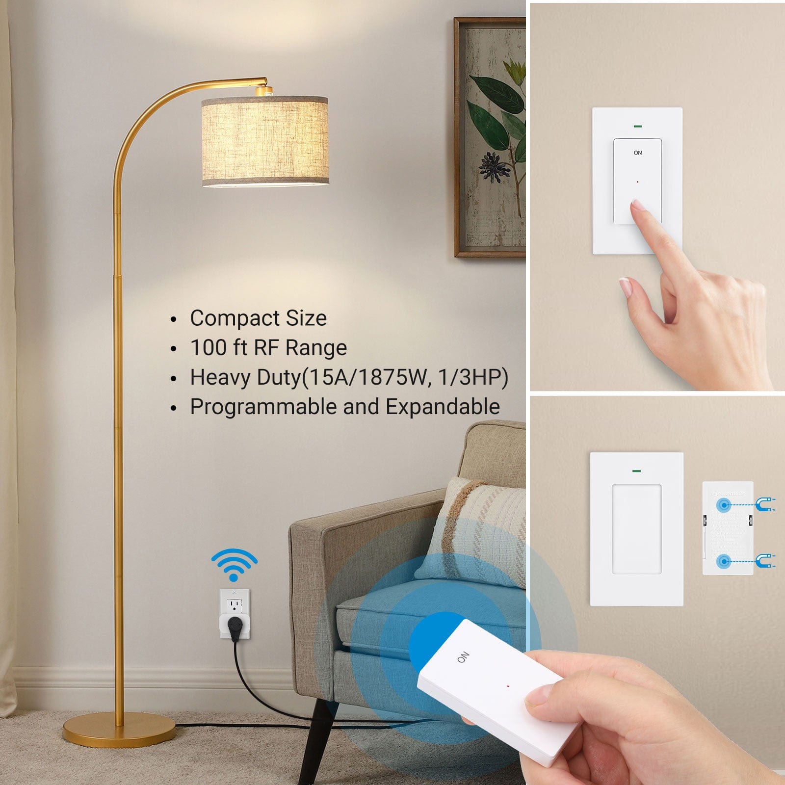 Remote Control Outlet: Compact design with 100ft RF range, heavy-duty 15A/1875W capacity and programmable expandable system for reliable control of household appliances