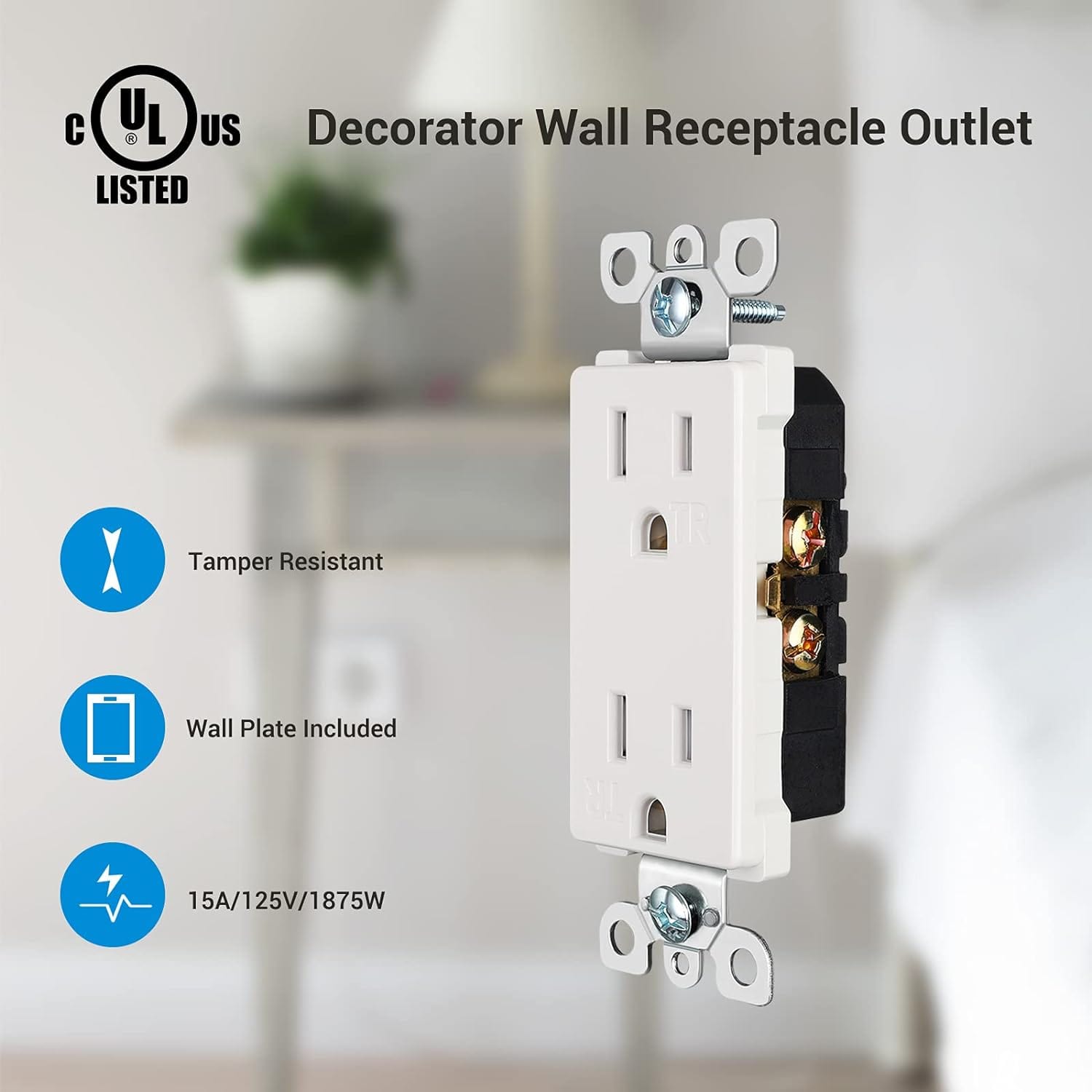 Wall Outlet: Decorator wall receptacle rated 15A 125V 1875W with tamper-resistant design and wall plate included for safe and easy installation
