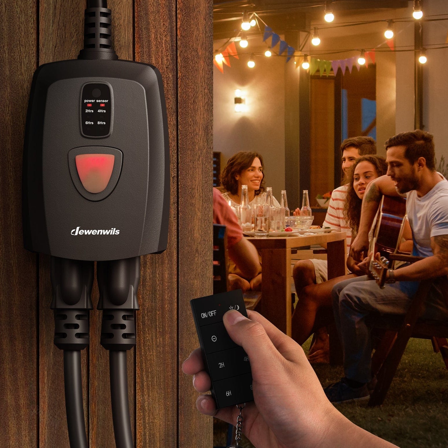Outdoor dimmer: Features full-range dimming, weatherproof construction, a dusk-to-dawn sensor for automated lighting, and FCC certification for safety.
