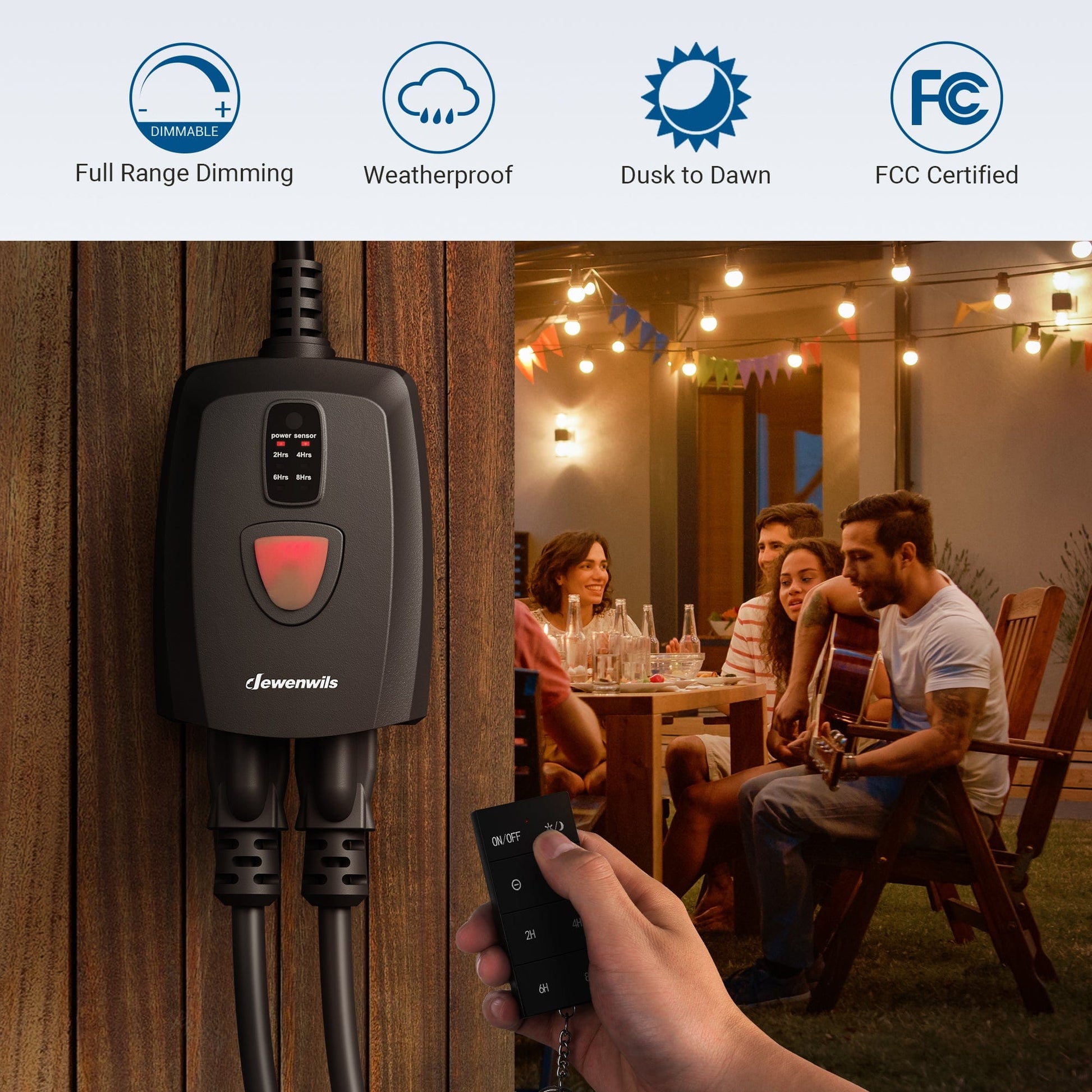 Outdoor dimmer: Features full-range dimming, weatherproof construction, a dusk-to-dawn sensor for automated lighting, and FCC certification for safety.