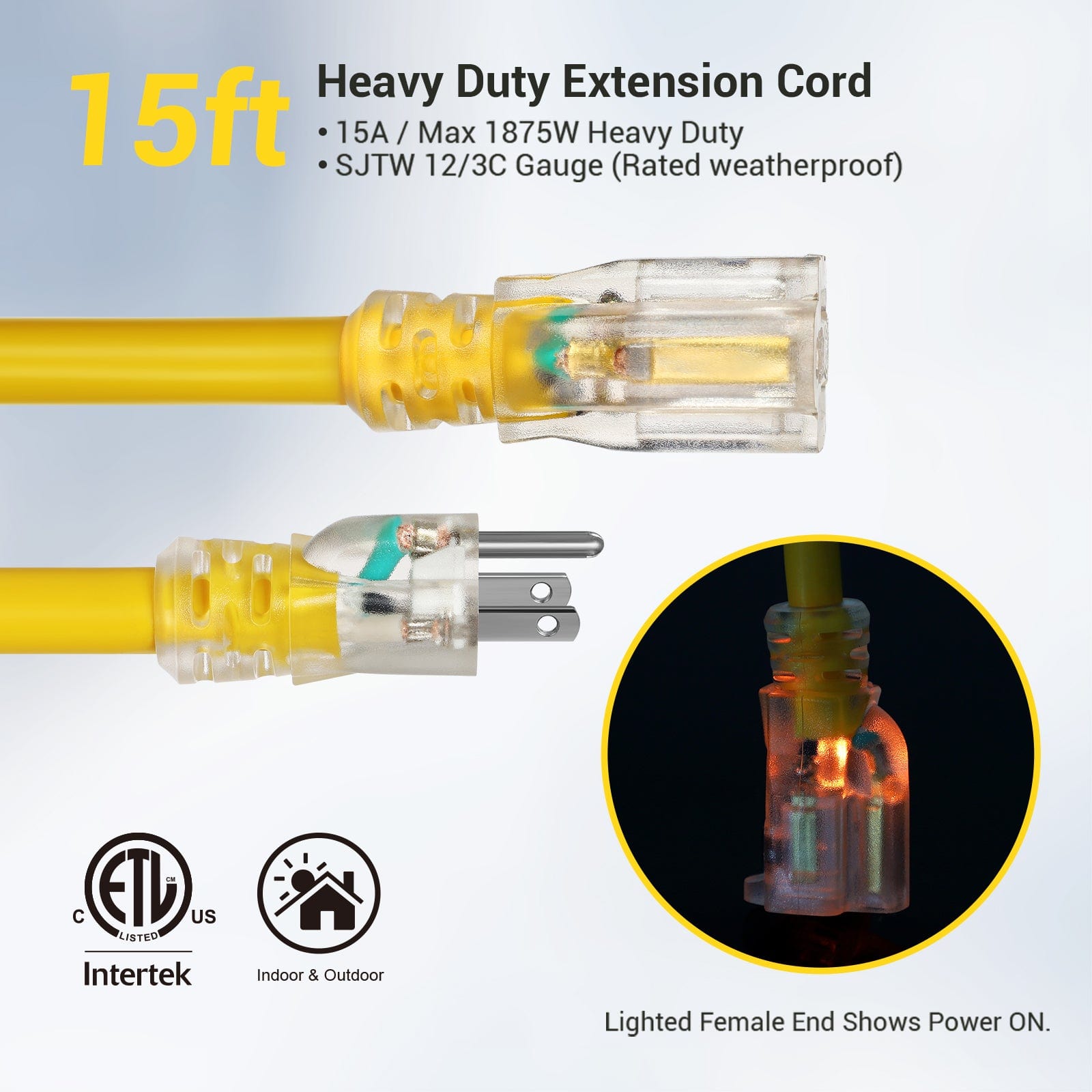 DEWENWILS 15ft 12/3 Gauge Indoor/Outdoor Extension Cord with LED Lighted End, SJTW 15 Amp/125V/1875W Yellow Outer Jacket Contractor Grade Heavy Duty Power Cable with Grounded Plug-HNCY15A