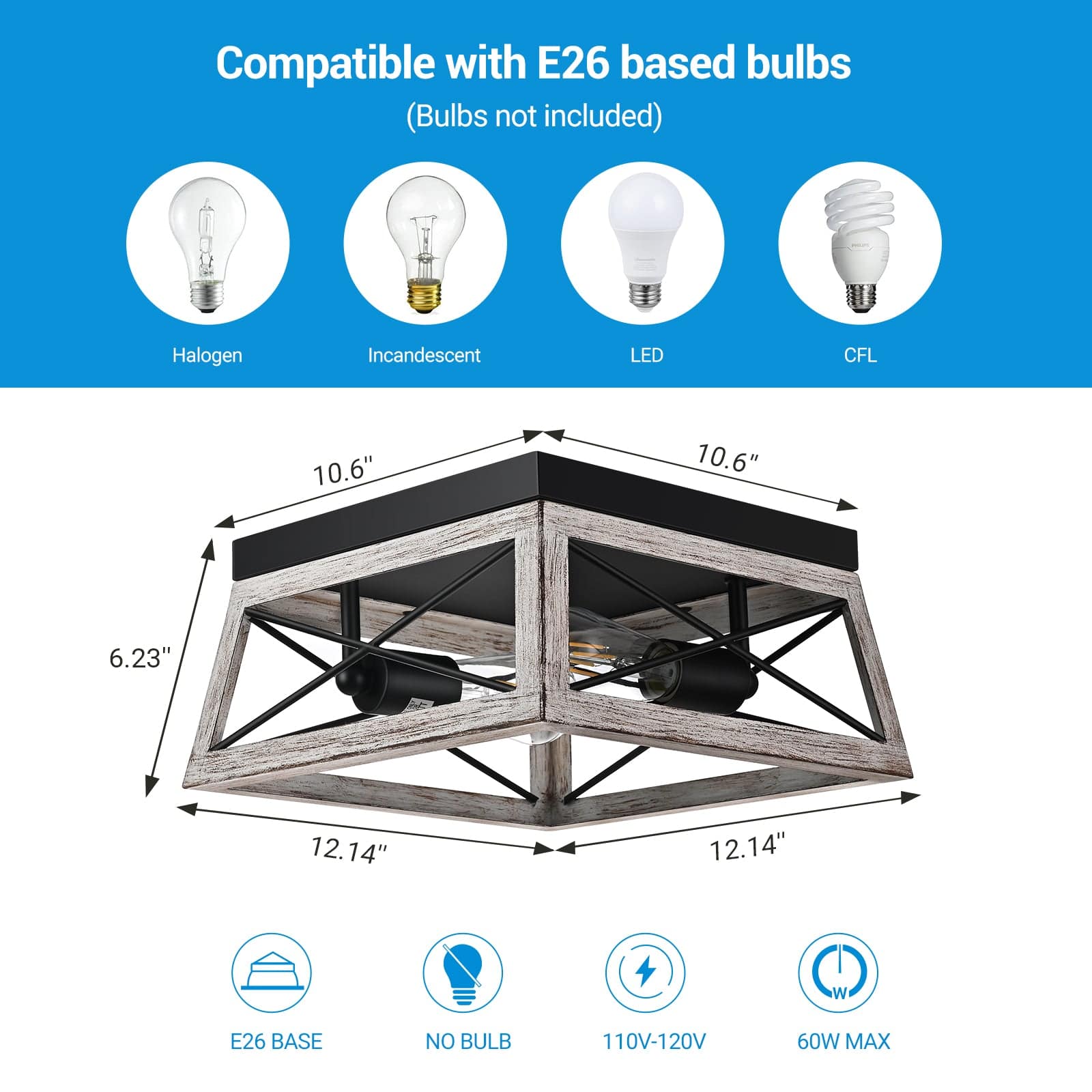 DEWENWILS Farmhouse Flush Mount Ceiling Light, Metal Ceiling Light Fixture with Wood Grain Finish, 2-Lights Hallway Light Fixture Ceiling Mount for Entryway, Foyer, Dining Room-HFCL02C