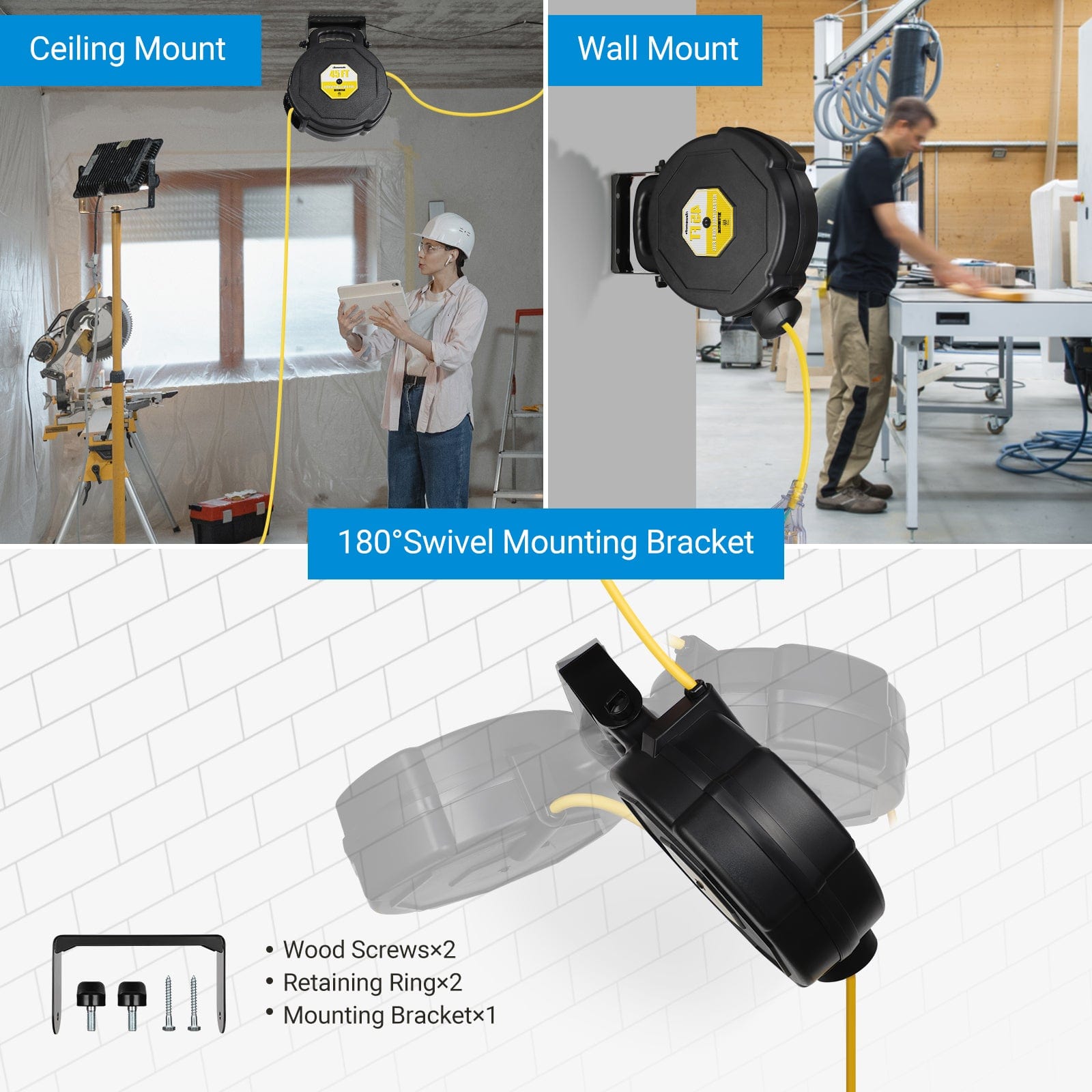 45ft retractable extension cord reel with ceiling, wall, or 180° swivel mounting bracket, including screws and retaining rings