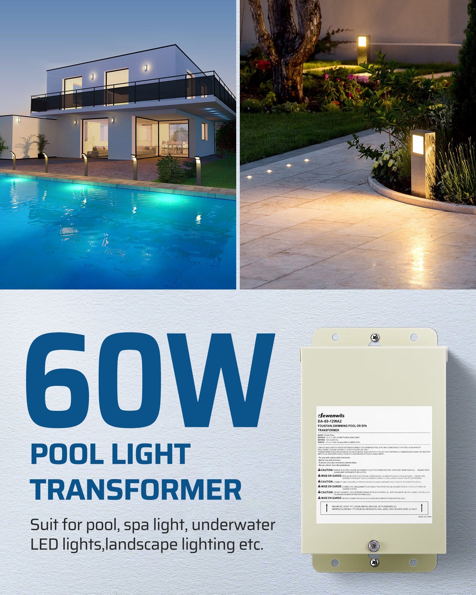 DEWENWILS 60W Pool Light Low Voltage Transformer, suitable for pool, spa, underwater LED, and landscape lighting