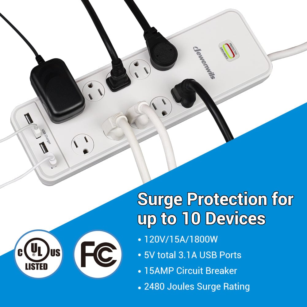 DEWENWILS 10-Outlet Surge Protector Power Strip with 4 USB Ports, 15FT Long Extension Cord, Right Angle Flat Plug, 2480J Surge Rating 15AMP Circuit Breaker, Wall Mountable, White-HOU104H