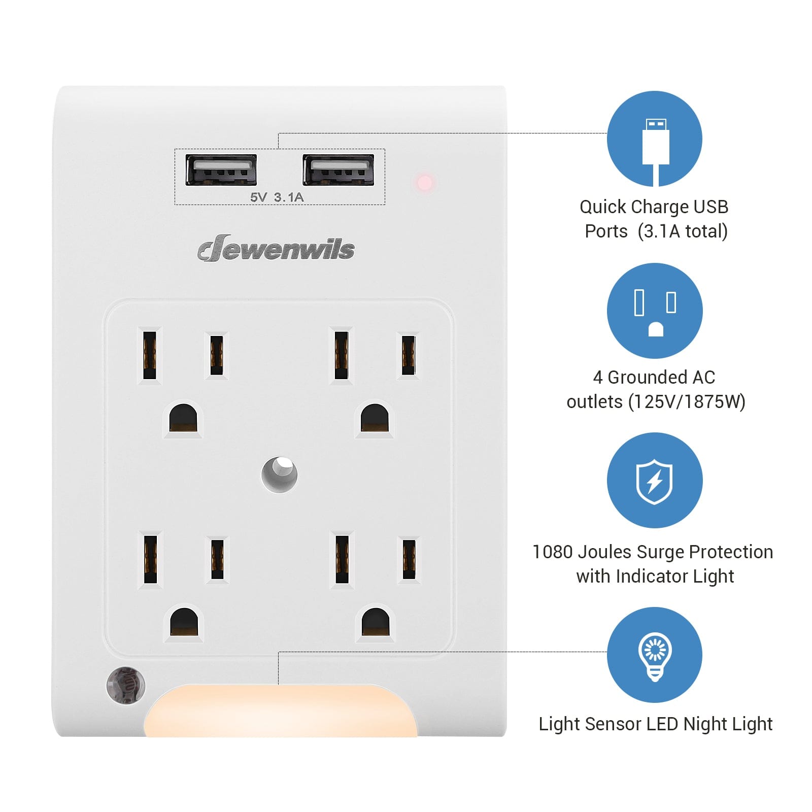 DEWENWILS 4-Outlet Outlet Extender with 2 USB Ports, Wall Outlet Adapter, Light Sensor Night Light, 1080 Joules Surge Protector (2 Pack)-HOU402D