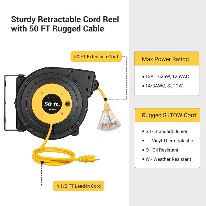 Retractable Extension Cord Reel 50 ft Heavy Duty Industrial 14AWG 3C Power Outdoor Electrical with 3 Grounded Outlets Lighted at MechanicSurplus.com
