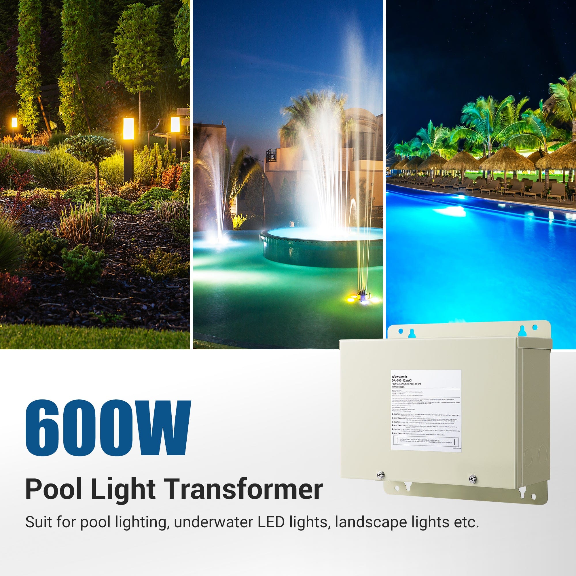DEWENWILS 600W Low Voltage Transformer for pool, underwater LED, and landscape lighting applications