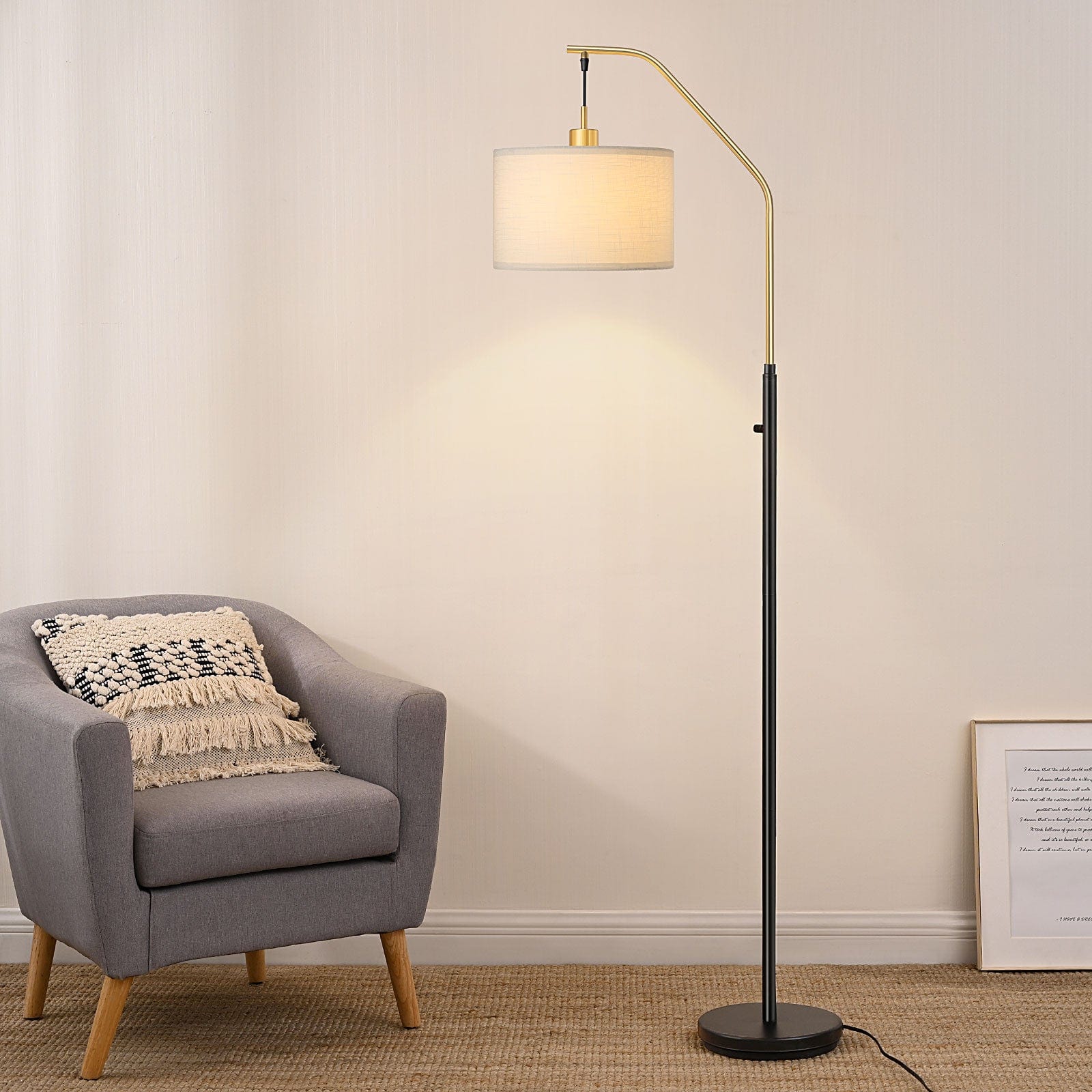 DEWENWILS Modern Gold Arched Floor Lamp, Stepless Dimmable Standing Tall Light with Hanging Shade, Corner Arc Reading Lamp for Living Room, Bedroom, Office, Bright 10W LED Bulb Included (Gold)-HLFL04L