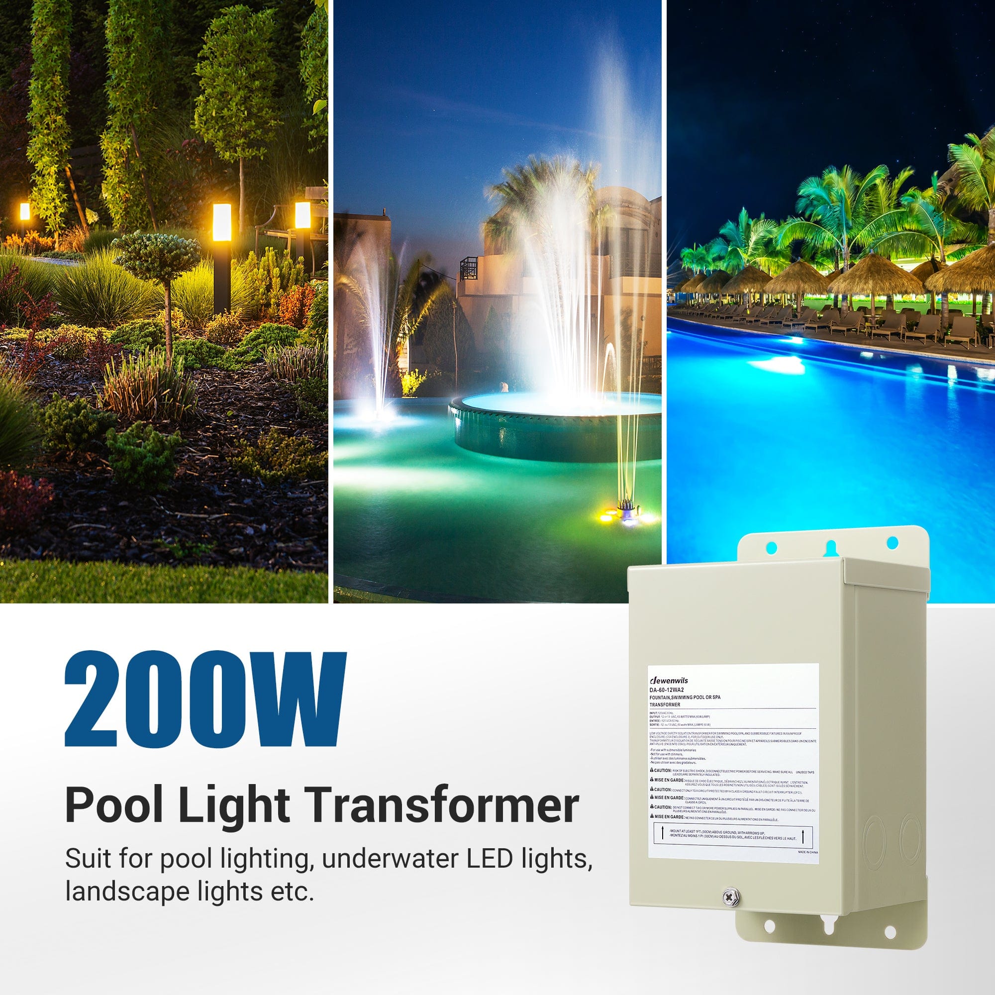 DEWENWILS 200W Low Voltage Transformer for pool lighting, underwater LED lights, and outdoor landscape lighting applications
