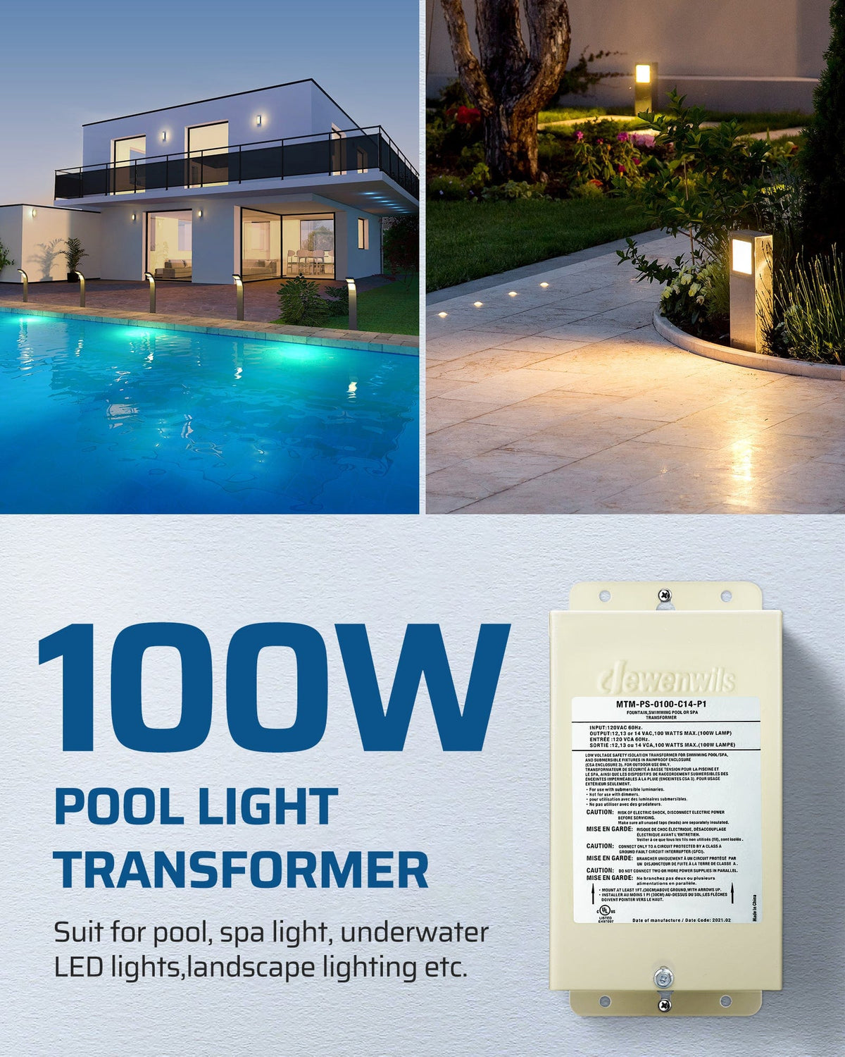 DEWENWILS 100W Low Voltage Transformer is suitable for pool, spa, underwater LED, and landscape lighting, providing safe and reliable low-voltage power.