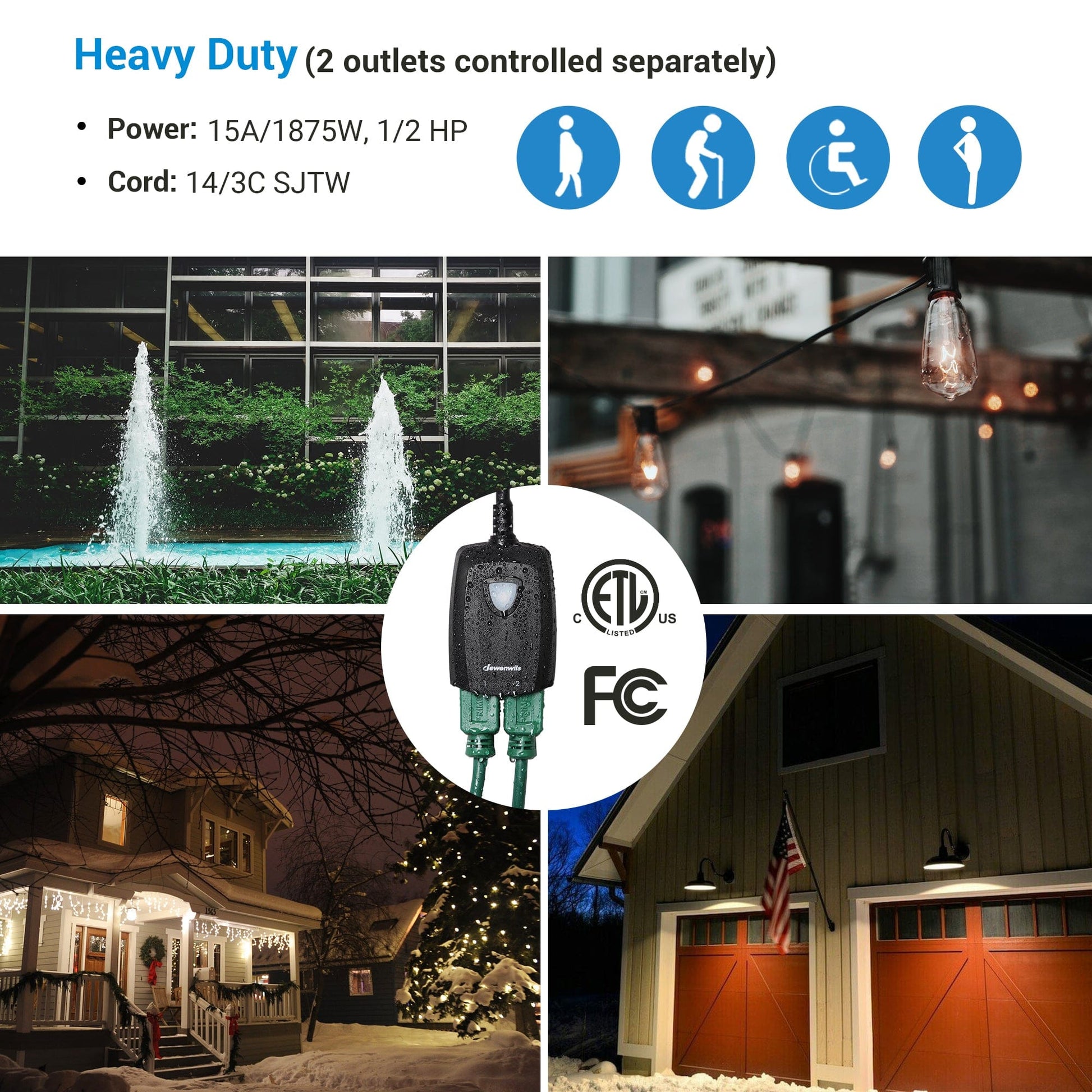 Outdoor Remote Control Outlet: Heavy-duty dual outlets with separate control, supporting 15A/1875W loads and durable 14/3C SJTW power cord