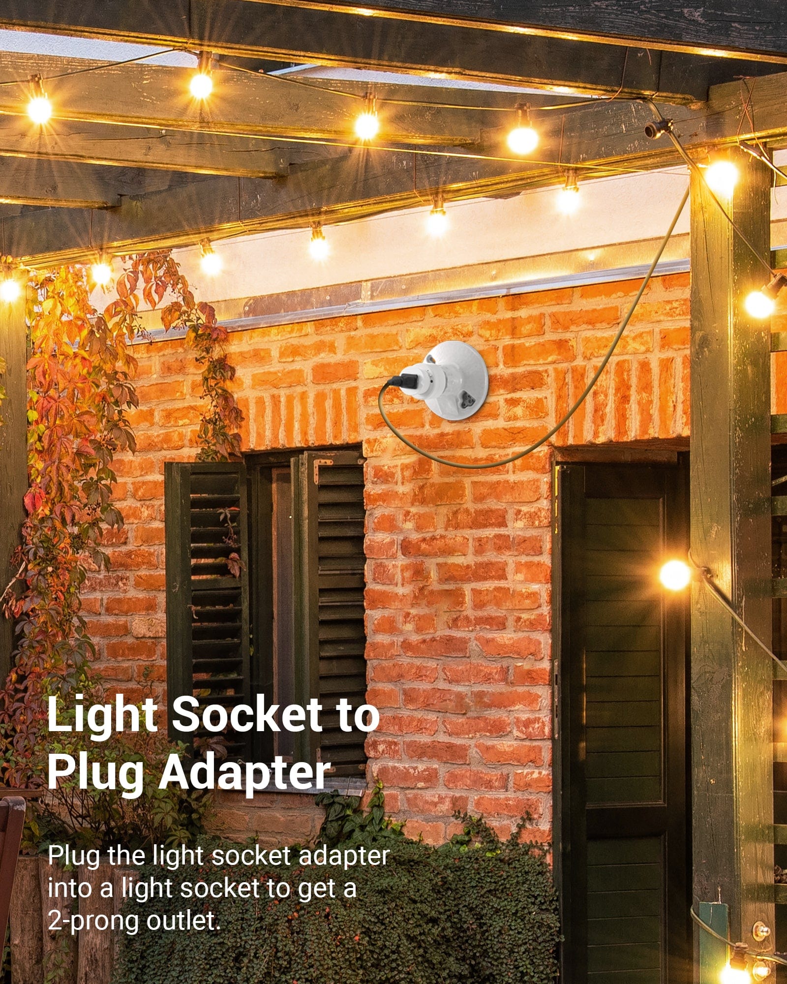 Light Socket to Plug Adapter: Plug the adapter into a light socket to convert it into a convenient 2-prong outlet.