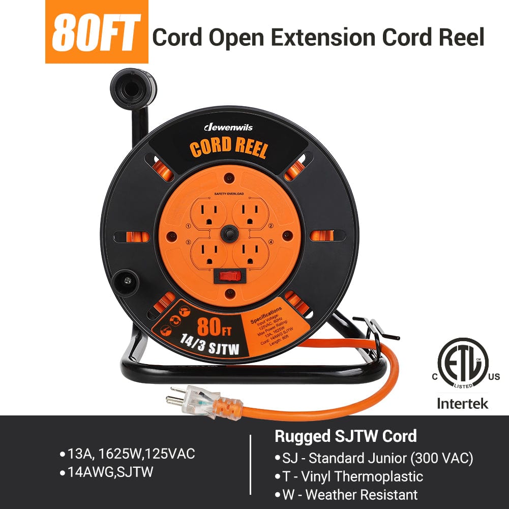 Dewenwils 80ft Retractable Extension Cord Reel, Heavy Duty Open Cord Reel