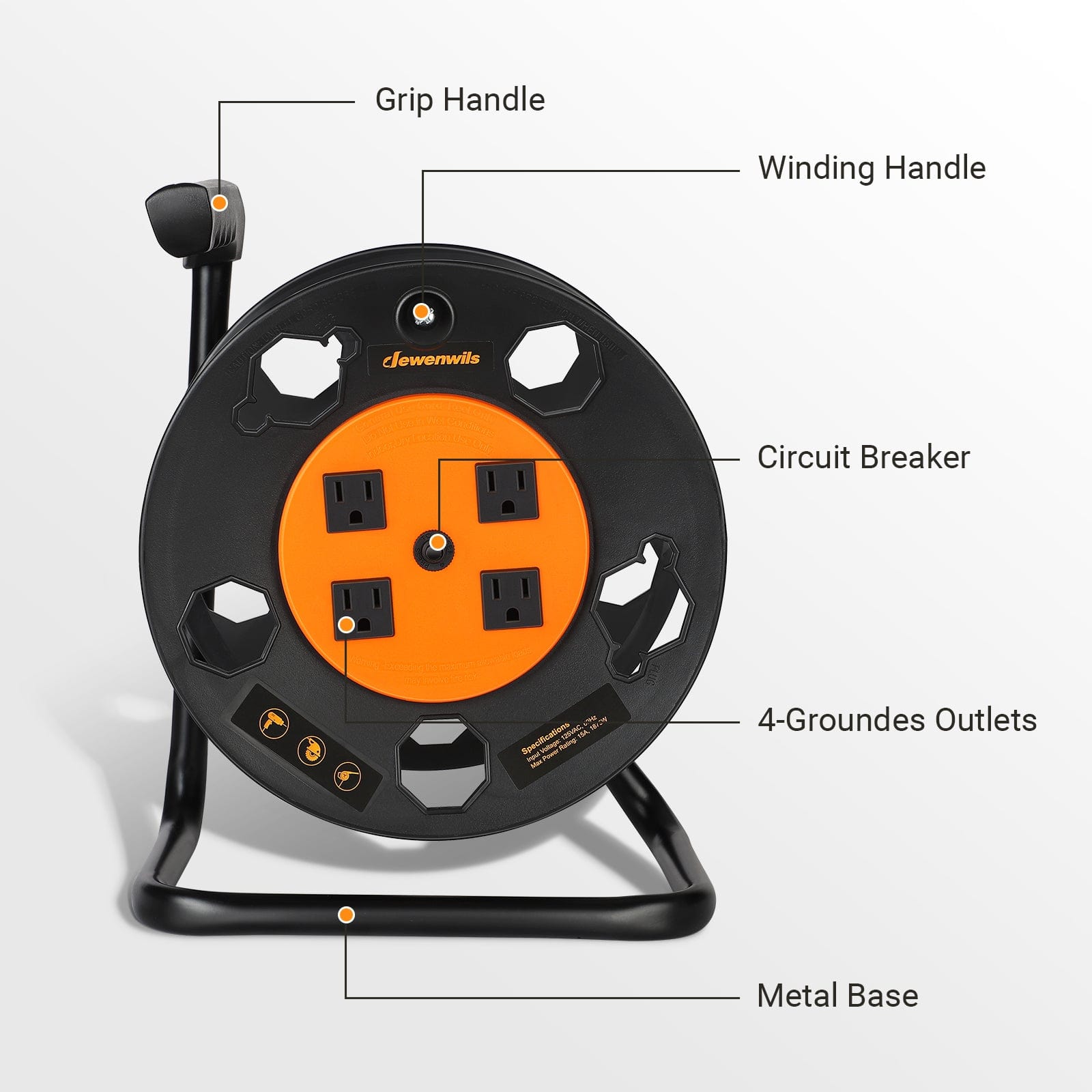 Extension Cord Storage Reel: Features a grip handle, winding handle, and metal base; includes 4 grounded outlets and a safety circuit breaker for easy power storage