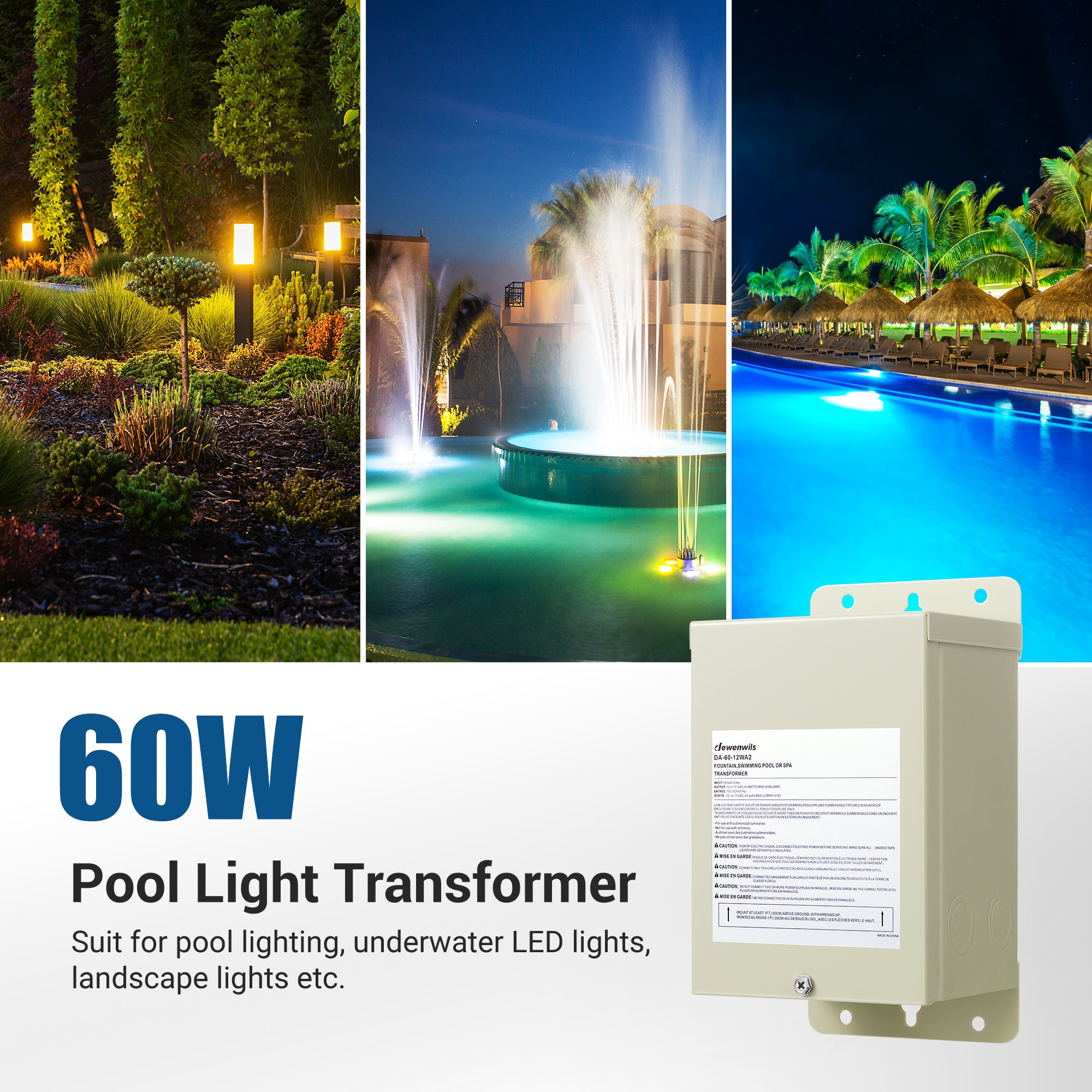 DEWENWILS 60W Pool Light Transformer, Waterproof 120V to 12V/13V/14V AC for Swimming Lighting