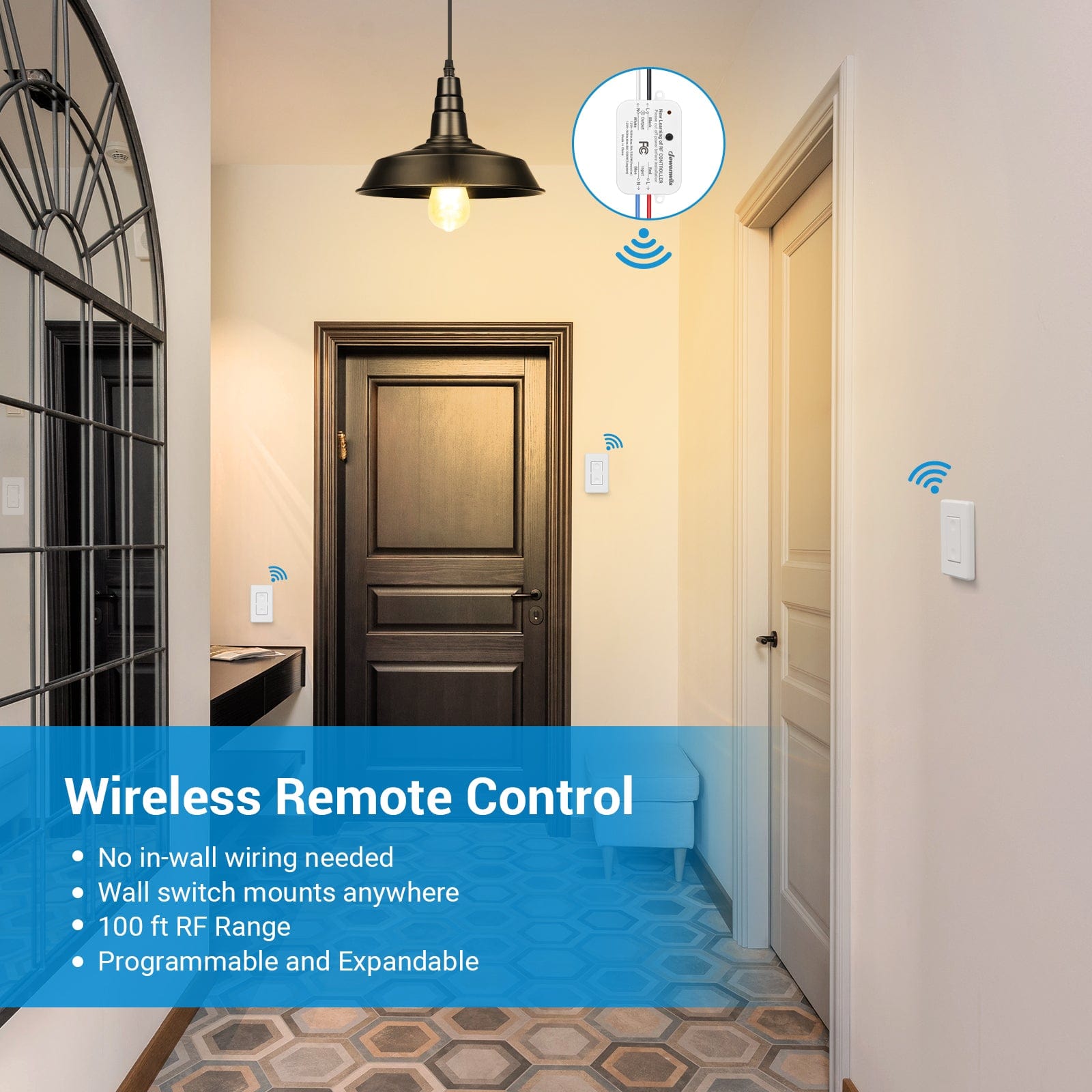 DEWENWILS 100ft Remote Control Wall Light Switch Kit, No WiFi Needed, 1200W/10A (1 Pack Switch+2 Receivers)-HRLS12E