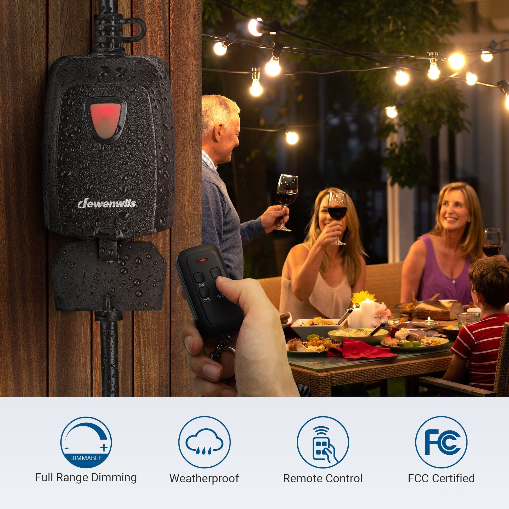 Outdoor dimmer: Features full-range dimming, weatherproof construction, remote control operation, and FCC certification for safety.