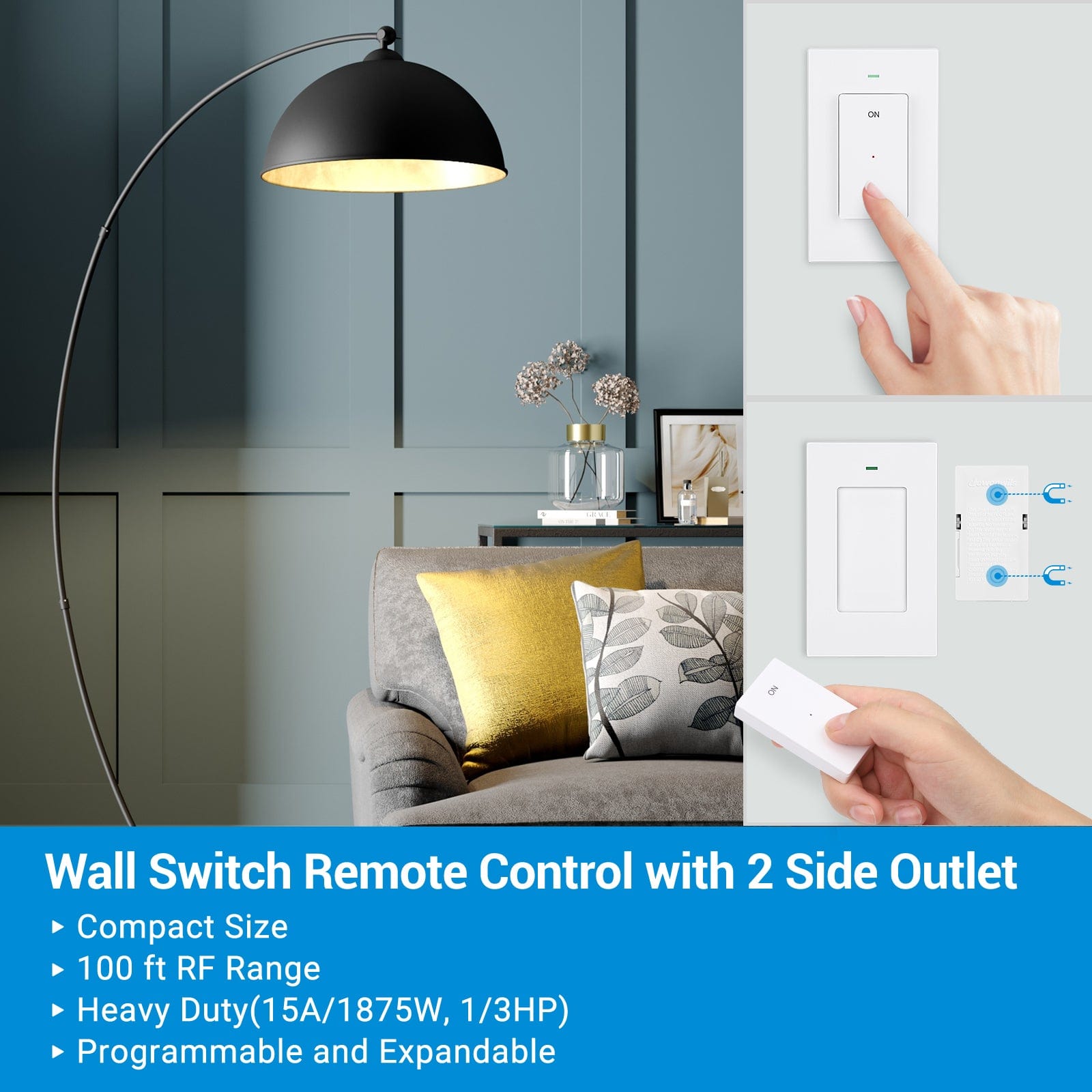 DEWENWILS Remote Control Outlet, Wireless Light Switch with 2 Side Outlets, 100 FT Range Remote Outlet Switch for Lamp, No Wiring, 15A/1875W, Compact Design, Programmable-SHRLS11H