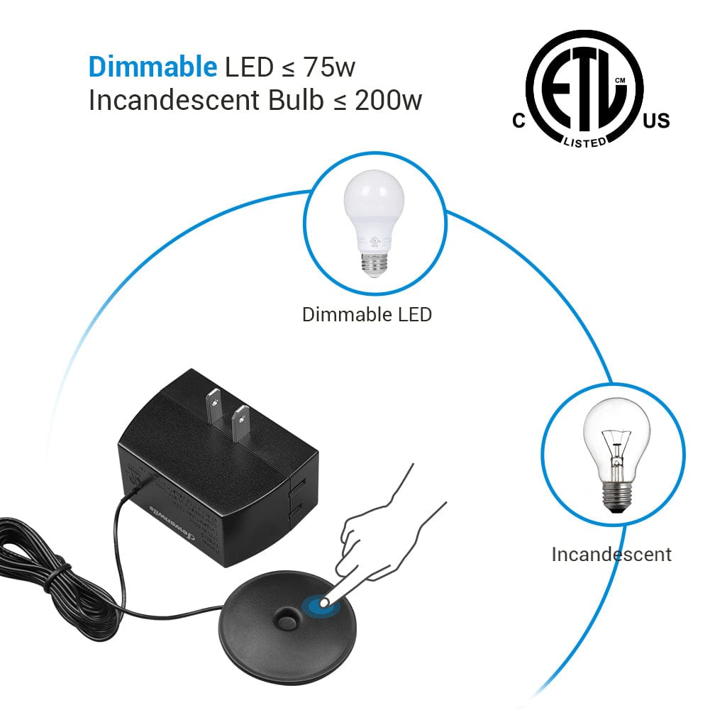 Dimmer switch supports up to 75W dimmable LED and 200W incandescent bulbs, offering a sleek touch control solution for easy, energy-efficient home lighting adjustment