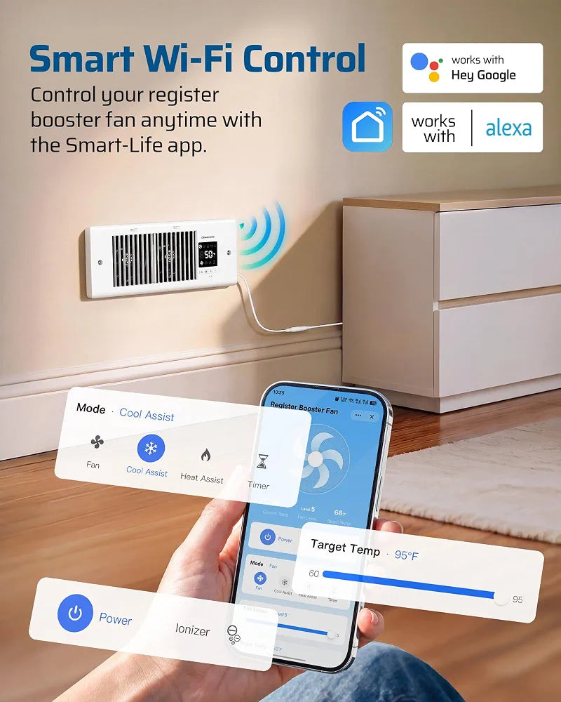 DEWENWILS Register Booster Fan, 4" x 12" Vent Opening, Smart WiFi Control