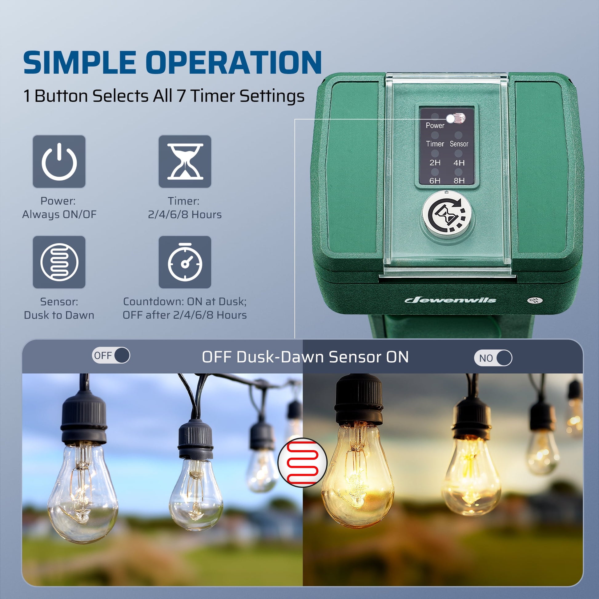 Outdoor Power Stake With Timer: Features a simple one-button control to select between 7 settings, including dusk-to-dawn, countdown, and always ON/OFF modes.