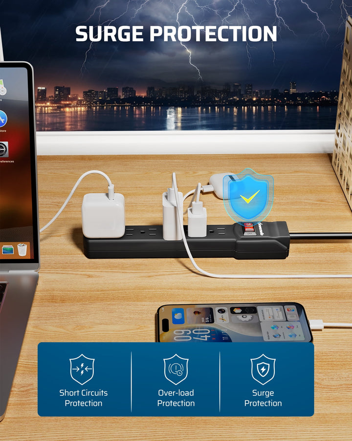 DEWENWILS 2Pack 15A 125V 800J Surge Protector Power Strips 6ft Heavy Duty SJT Cord, 360° Flat Plug, ETL Certified, Black