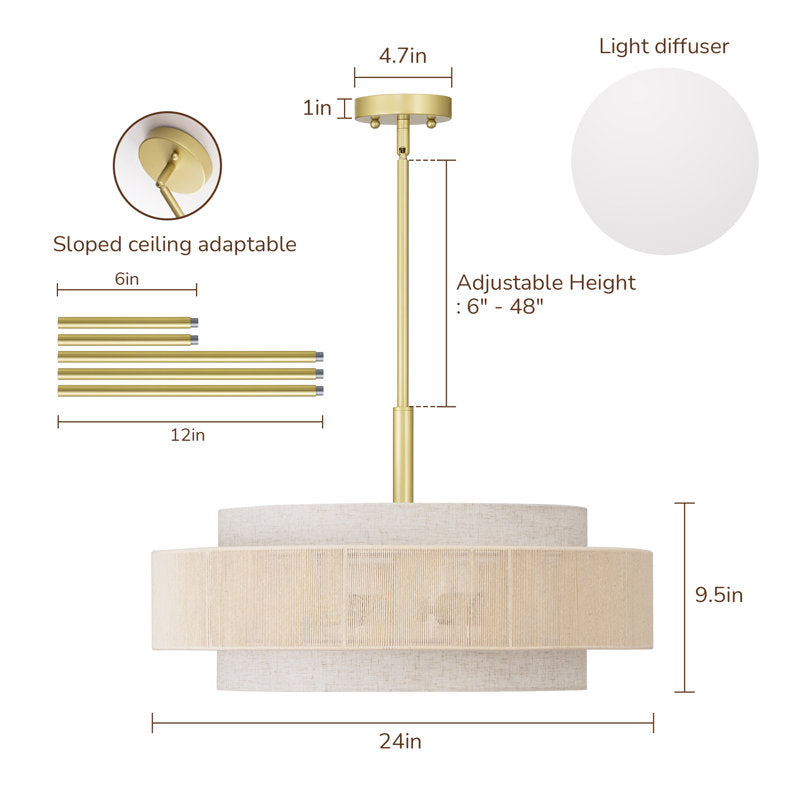 5-Light Drum Chandelier With Fabric And Rope Shades (24'')