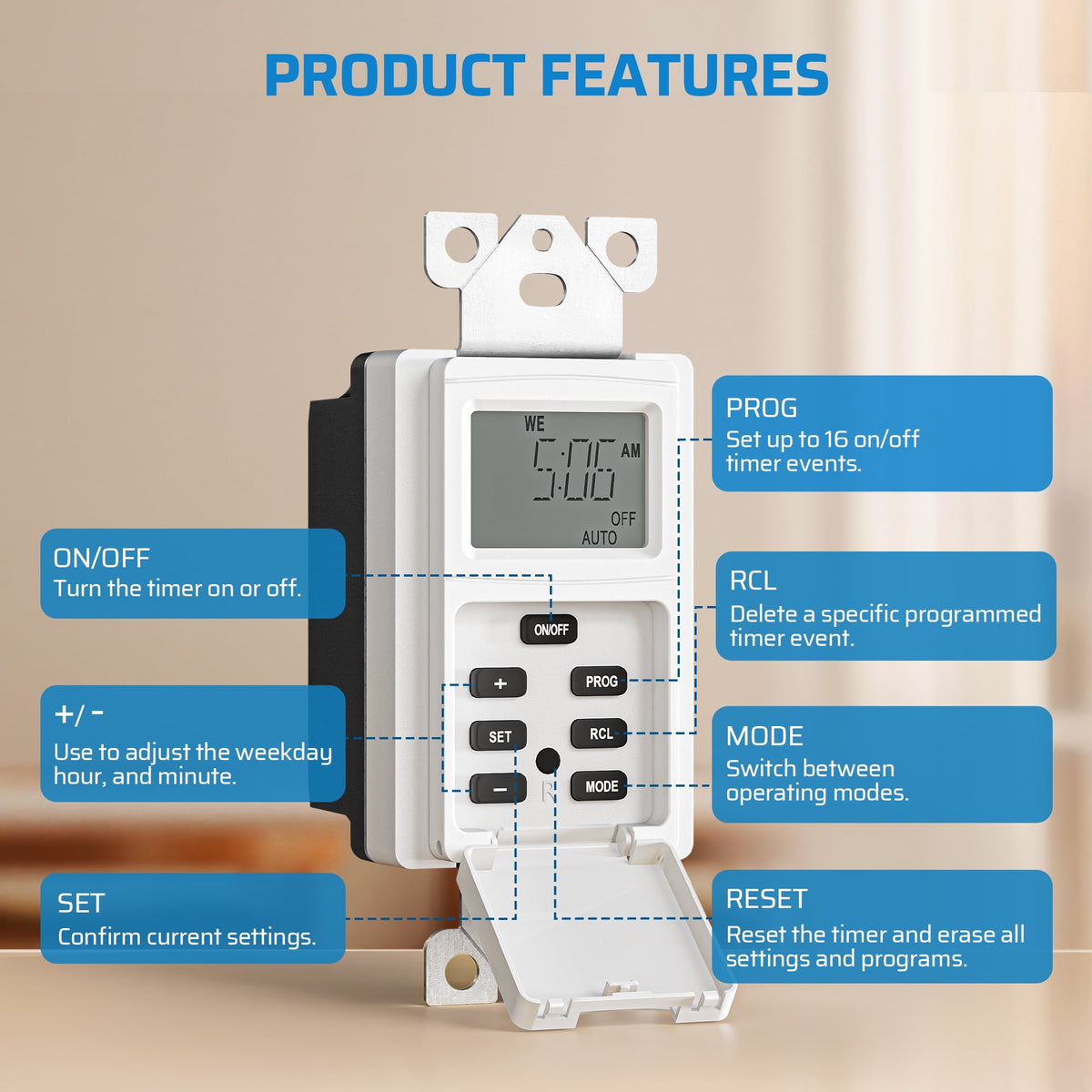 DEWENWILS Programmable In-Wall Digital Timer Switch, 16-On/Off Programs, Countdown (1min-99h59min) & Random & DST, Single-Pole/3-Way, Neutral Wire Required, ETL Listed, White