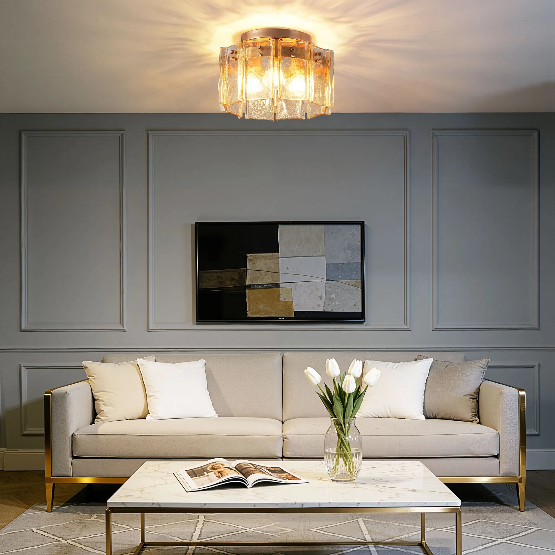 3-Light Amber Glass Drum Flush Mount (12.6”)