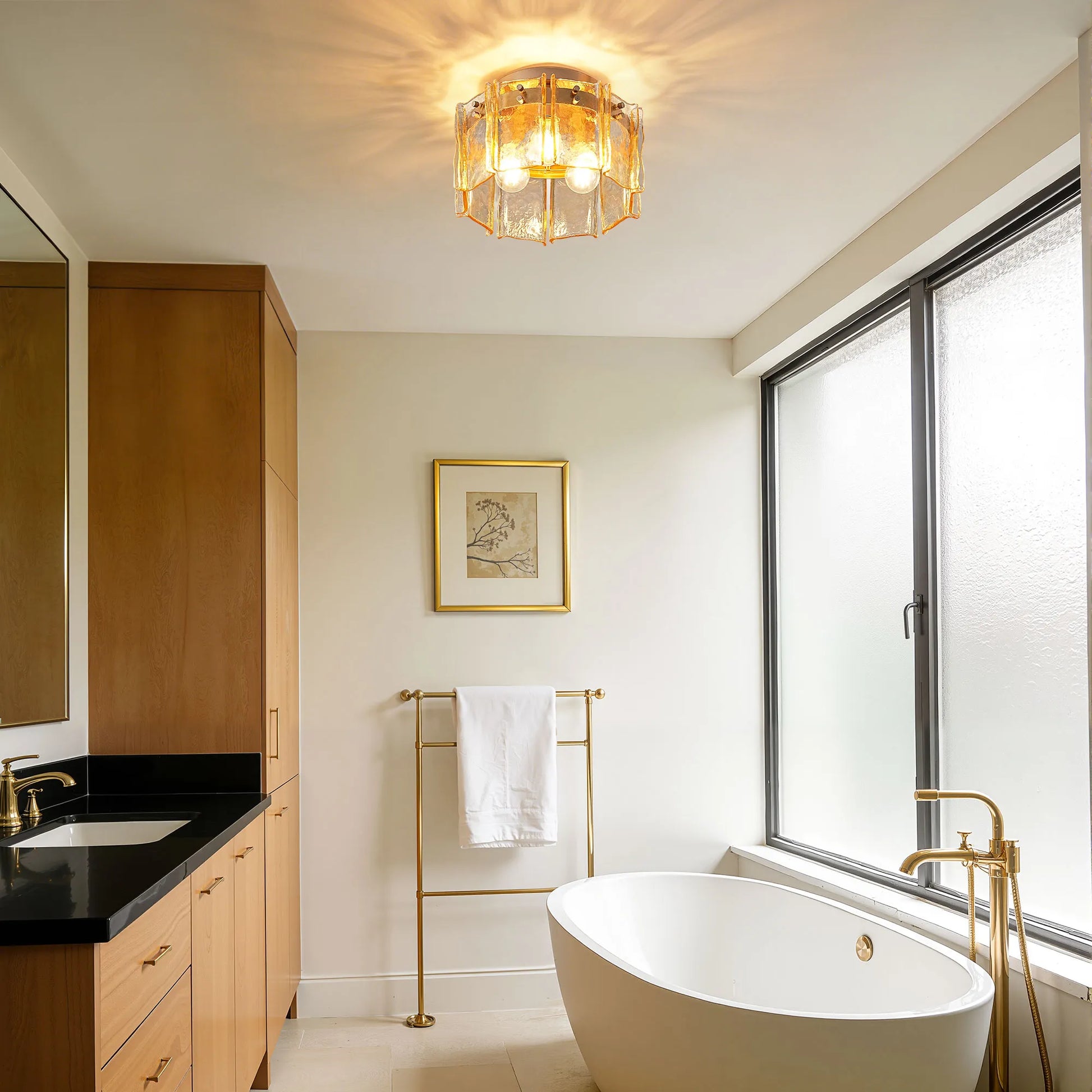 3-Light Amber Glass Drum Flush Mount (12.6”)