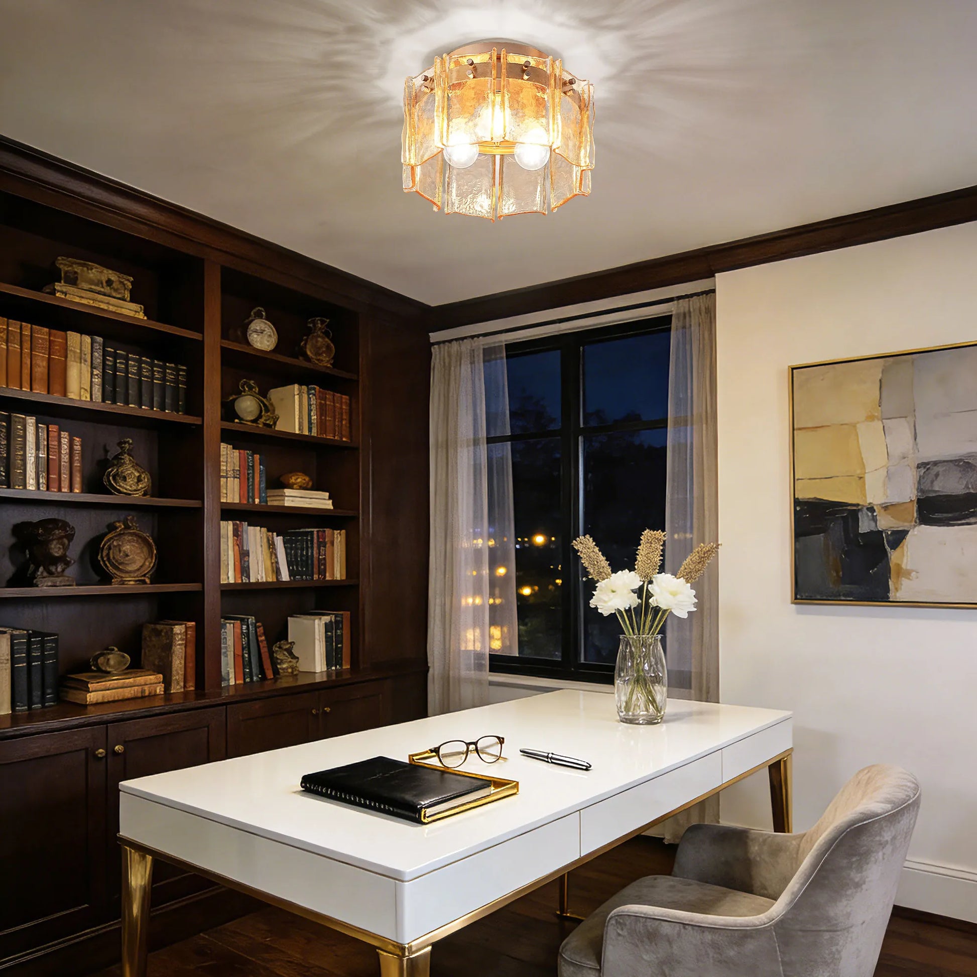 3-Light Amber Glass Drum Flush Mount (12.6”)