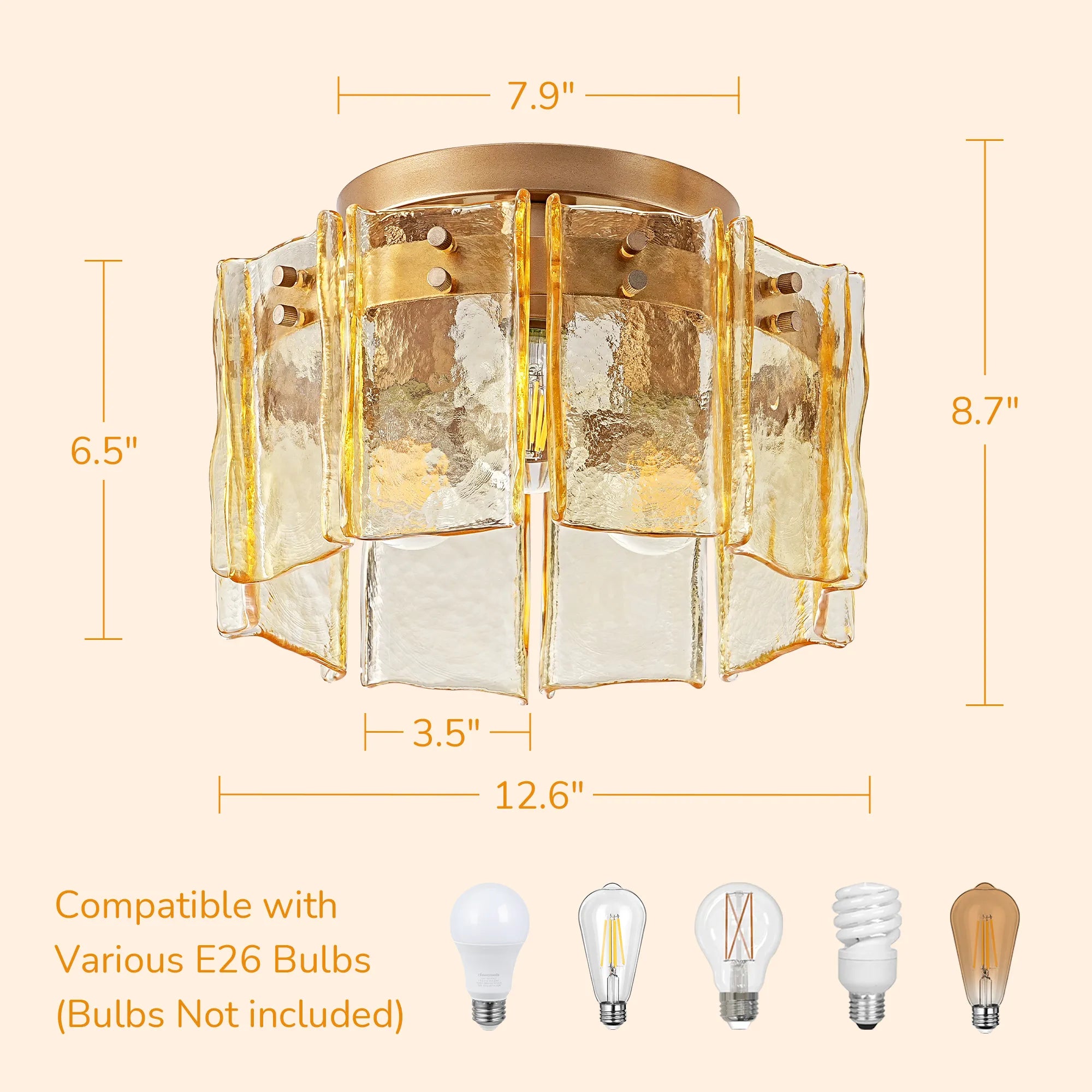 3-Light Amber Glass Drum Flush Mount (12.6”)