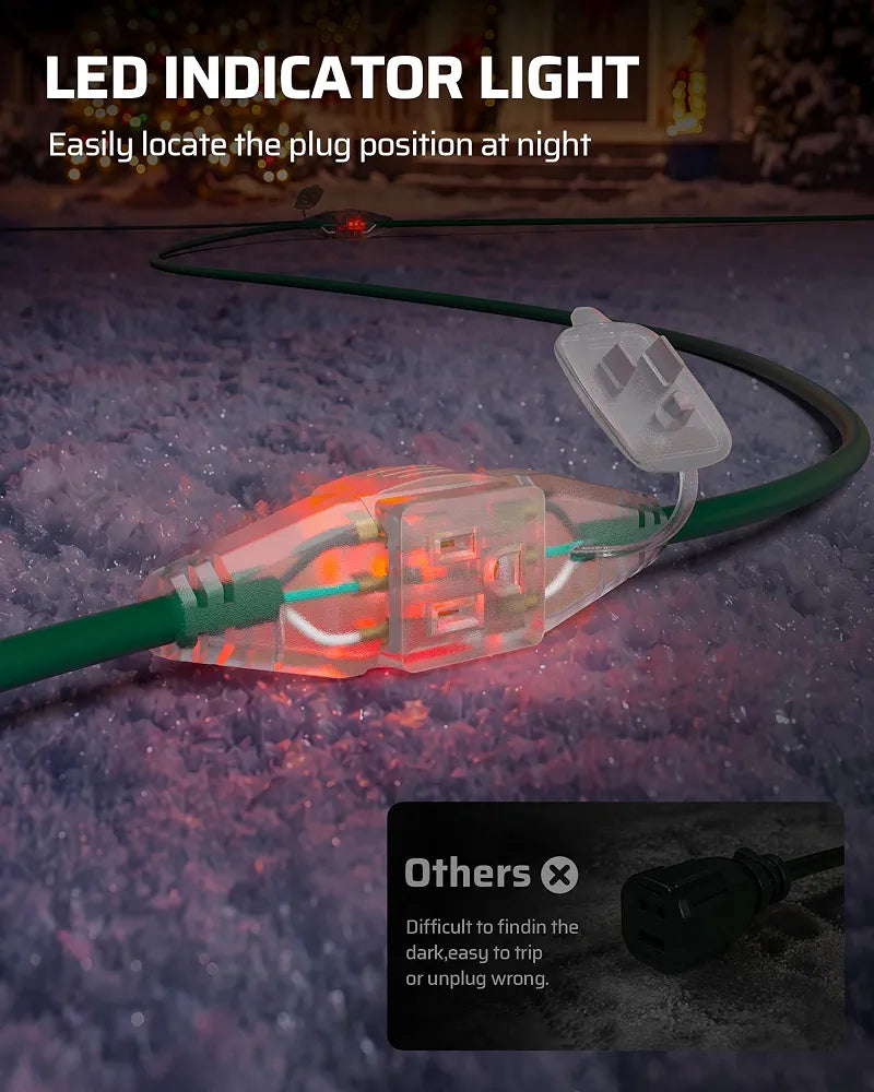 DEWENWILS 25FT Outdoor Extension Cord, 3 Outlets Plug with Indicator Lights
