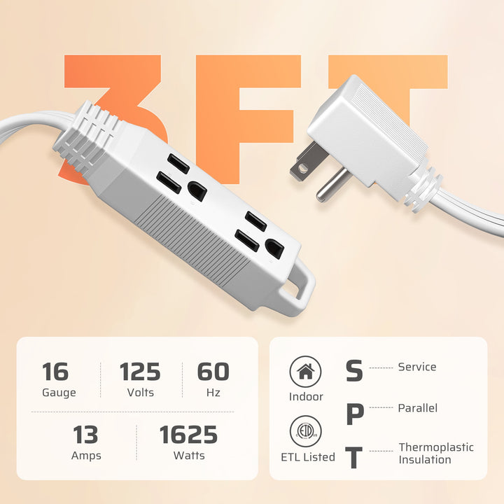 DEWENWILS 3 FT Extension Cords for Indoor 3 Prong with 3 Outlets Power Strip SPT-3 16 AWG 3-Pack