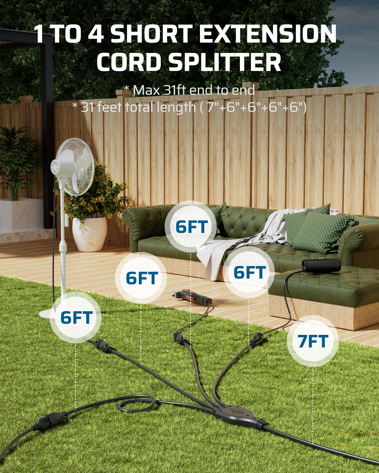 DEWENWILS Outdoor Extension Cord with 1 to 4 Splitter, Total 31FT (Max 13FT from End to End), Waterproof Extension Cord, Heavy Duty for Christmas, Halloween, Patio, Deck, Porch, Black-HSC104D
