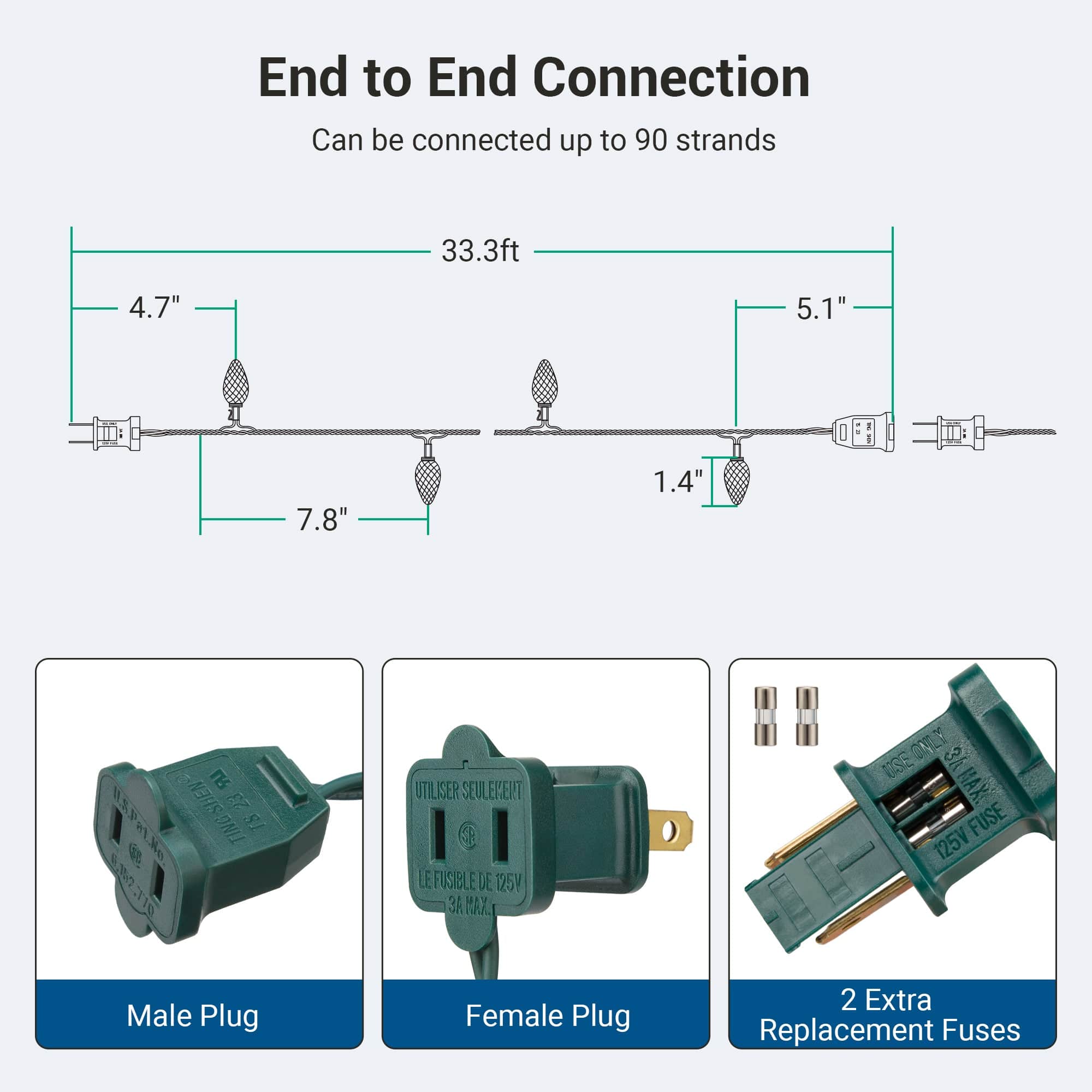 DEWENWILS C7 LED Christmas Lights Outdoor, 33.3ft 50LED Christmas String Lights, Outdoor Decorations for Christmas Tree, Patio, Garden, Yard, Green Wire, Red & White-HCSL01W