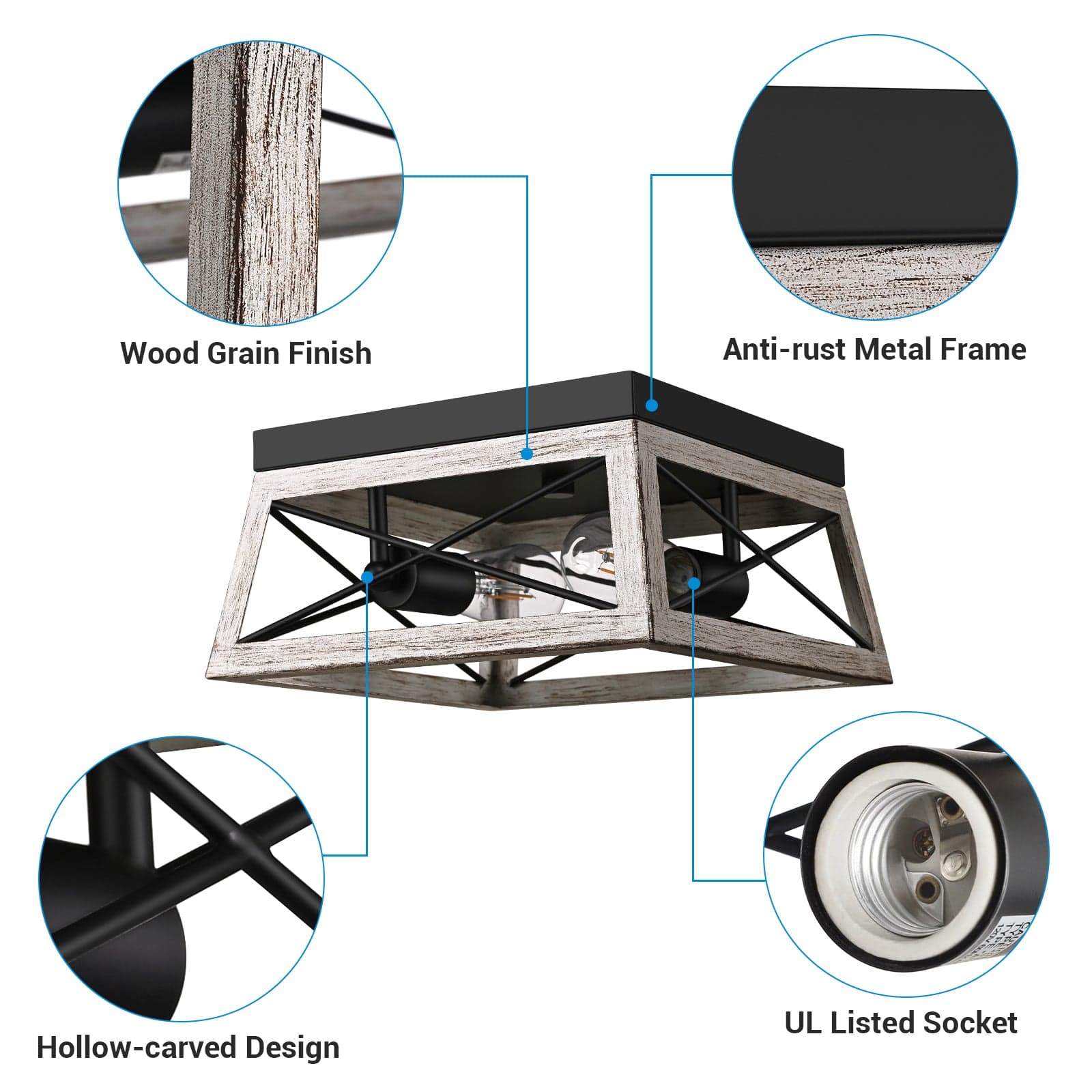 DEWENWILS Farmhouse Flush Mount Ceiling Light, Metal Ceiling Light Fixture with Wood Grain Finish, 2-Lights Hallway Light Fixture Ceiling Mount for Entryway, Foyer, Dining Room-HFCL02C