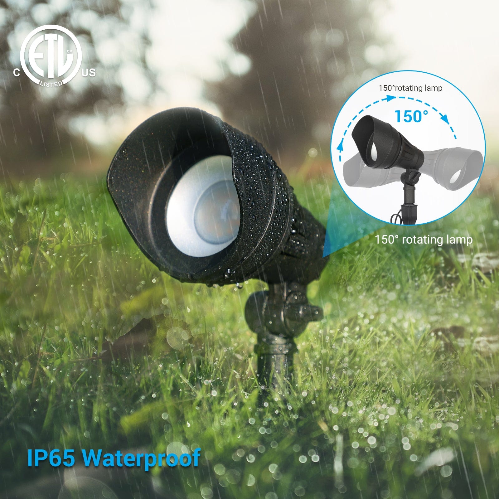 Outdoor Spotlight: IP65 waterproof design with a 150° rotating lamp head for flexible lighting angles and reliable performance in all weather conditions.