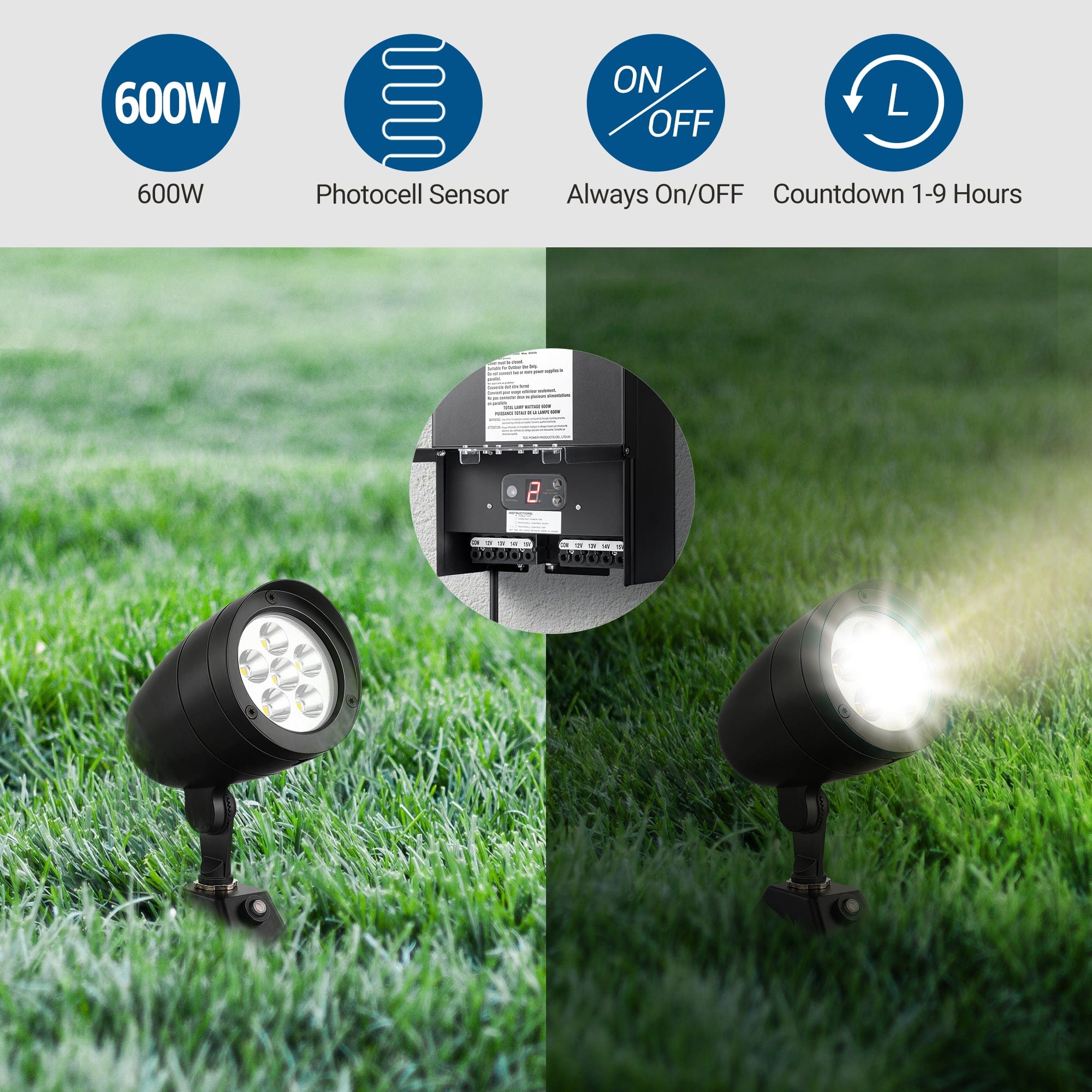 DEWENWILS 600W Low Voltage Transformer with photocell sensor, automatic on/off, and 1–9 hour countdown timer.