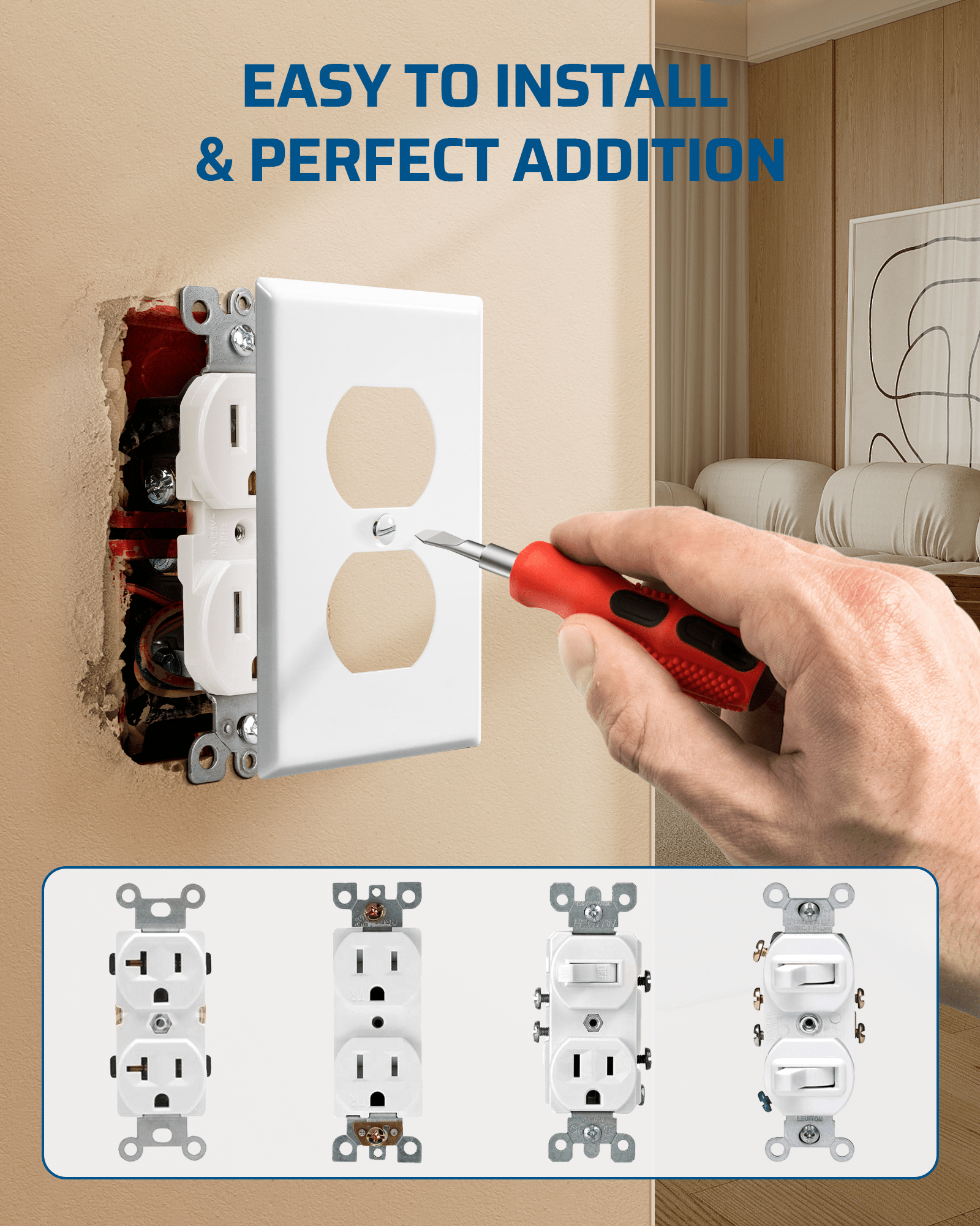 DEWENWILS Metal Duplex Wall Plate, Electrical Outlet Cover Plates, Dual Electric Receptacle Plug Covers for Living Room, Bedroom, Bathroom, Kitchen, Smooth White (10-Pack)-HDWP05A
