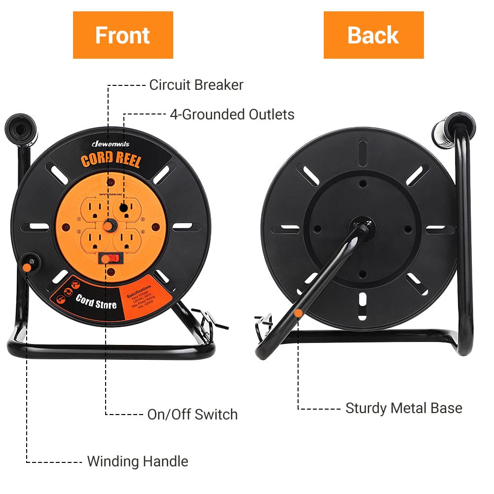 Extension Cord Storage Reel: Features 4 grounded outlets, winding handle, and sturdy metal base; includes 10A circuit breaker and On/Off switch for safe cord storage.