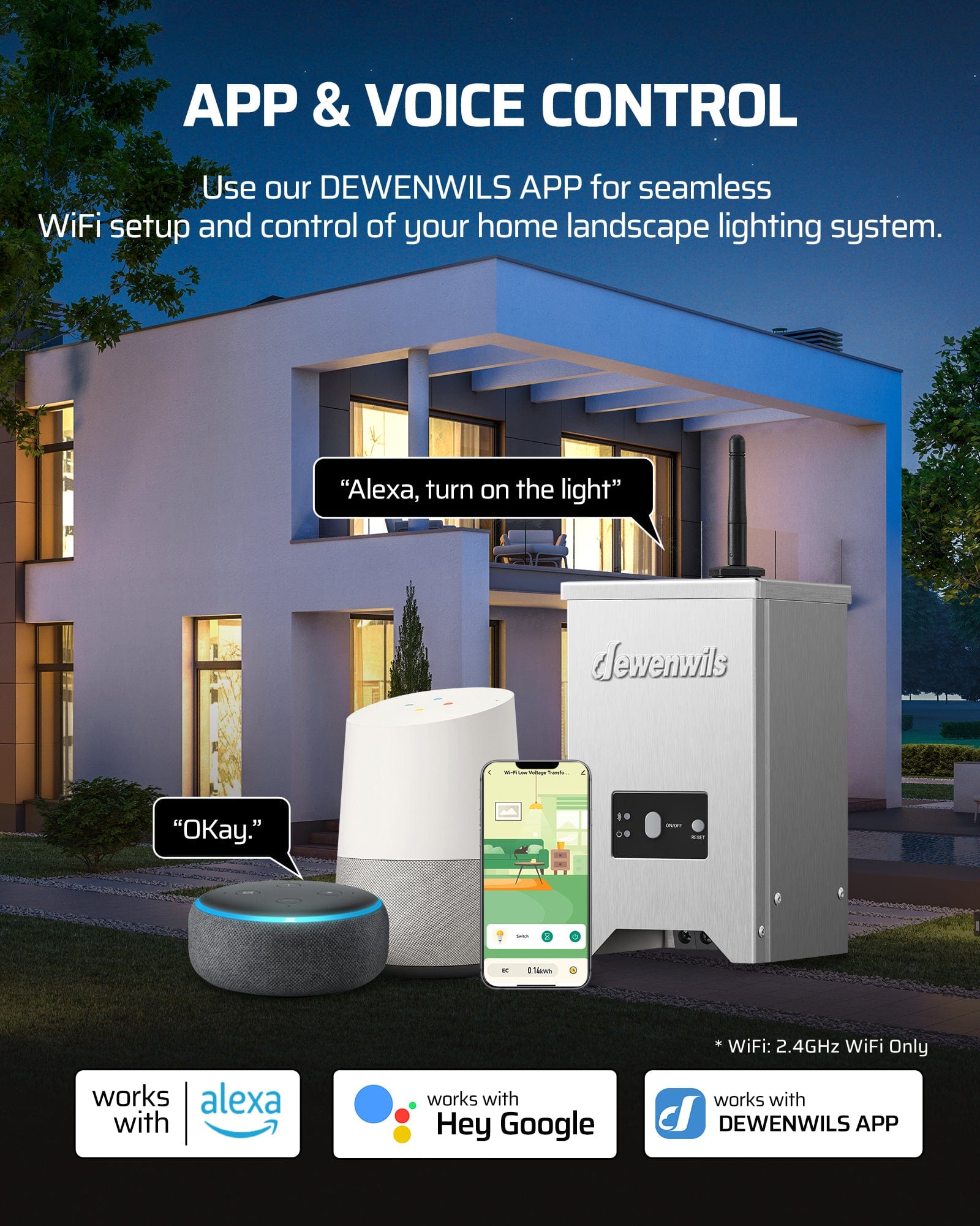 DEWENWILS 200W Low Voltage Landscape Lighting Transformer with app & voice control, compatible with Alexa, Google Home, and DEWENWILS app for smart outdoor lighting