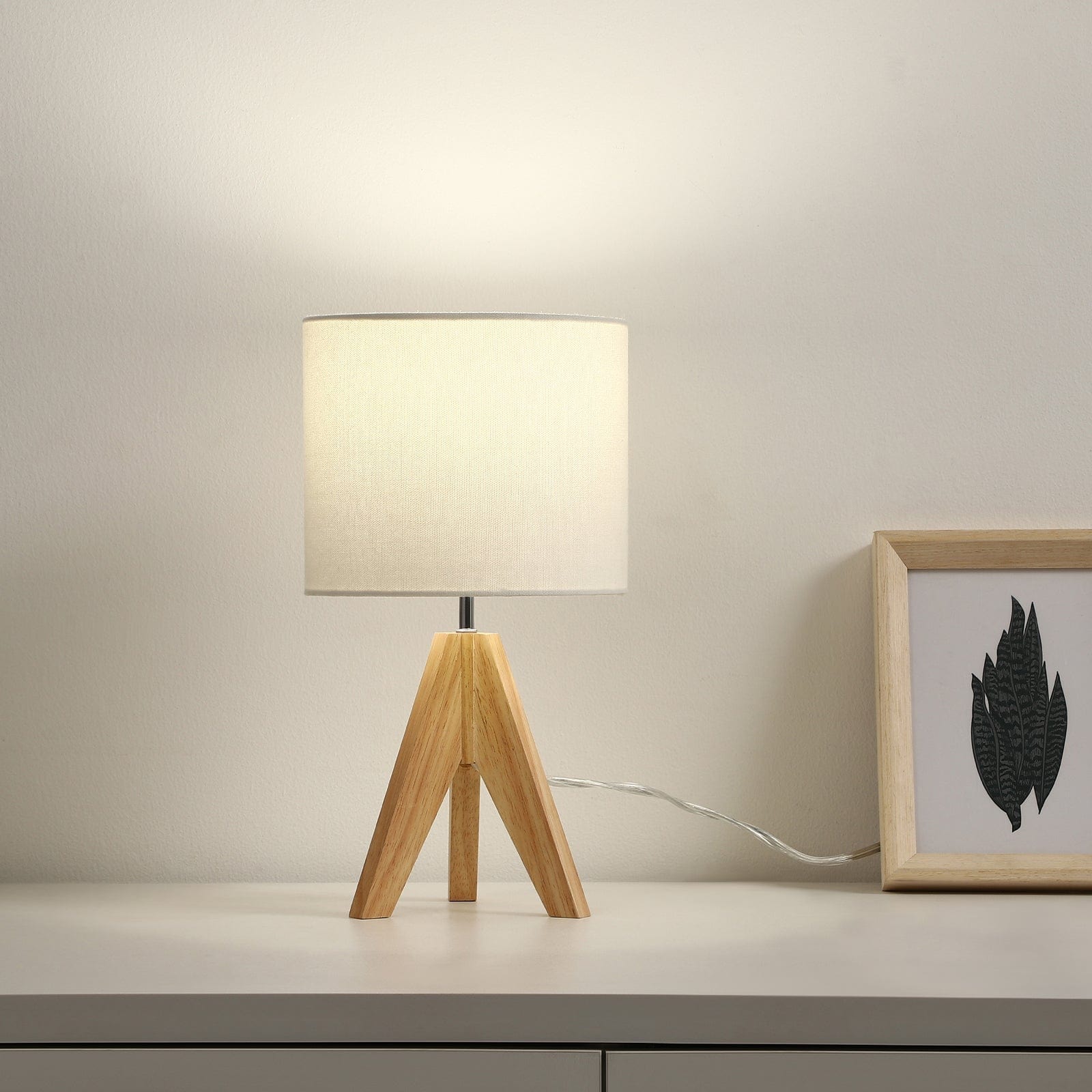 DEWENWILS 14.2 inches Bedside Table Lamp, Wood Tripod Nightstand Lamp with Linen Fabric Shade, Small Bedroom Lamp for Nightstand, Nursery, Kids Room, College Dorm, Coffee Table, Bookcase-F1HLTL05F