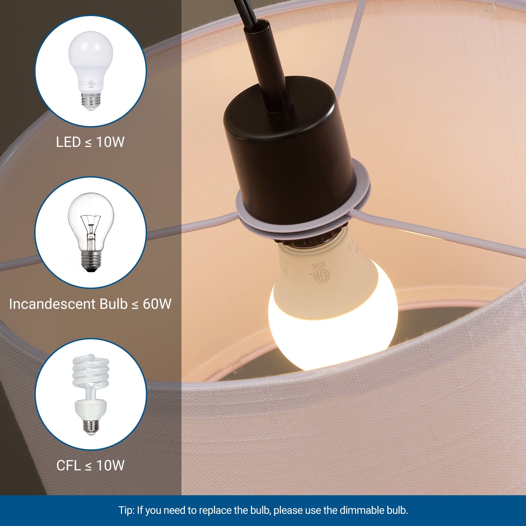 DEWENWILS Black Arched Floor Lamp, Stepless Dimmable Corner Light with Hanging Lampshade, Standing Tall Arc Lamp for Living Room, Bedroom, Office, 10W 3000K LED Bulb Included (Black)-HLFL04D1