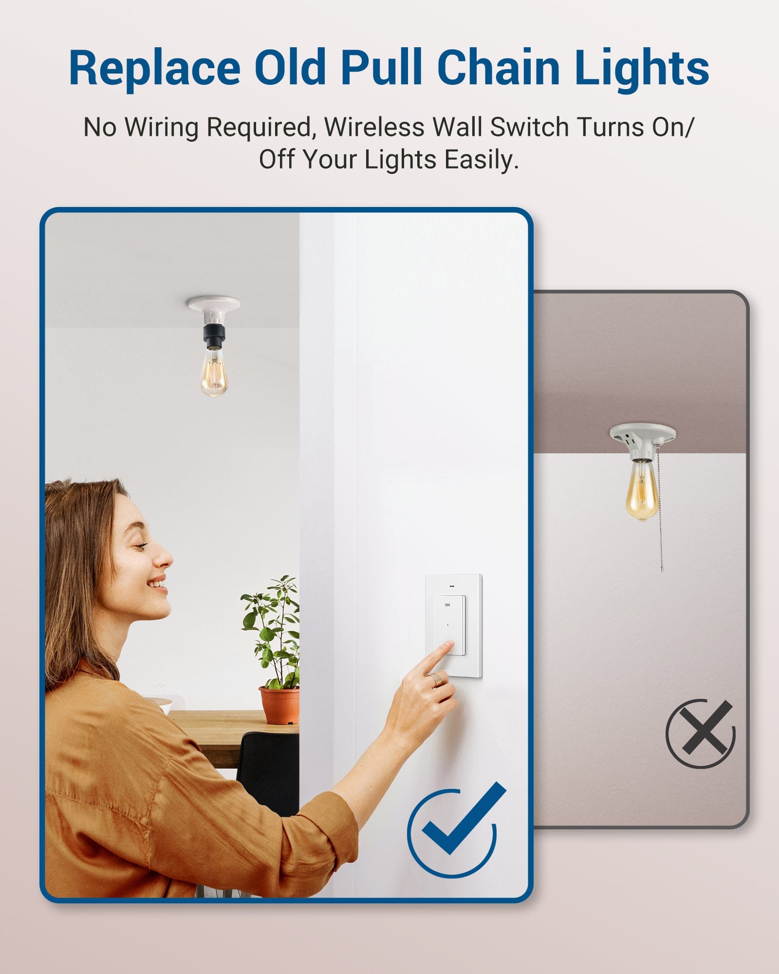 DEWENWILS Remote Control Light Socket, Wireless Light Switch for Pull Chain Light Lamp Fixtures, 100FT Range, No Wiring Needed (1 Wall Mounted Controller+1 Bulb Base, Shorter Version)-HRLS11G
