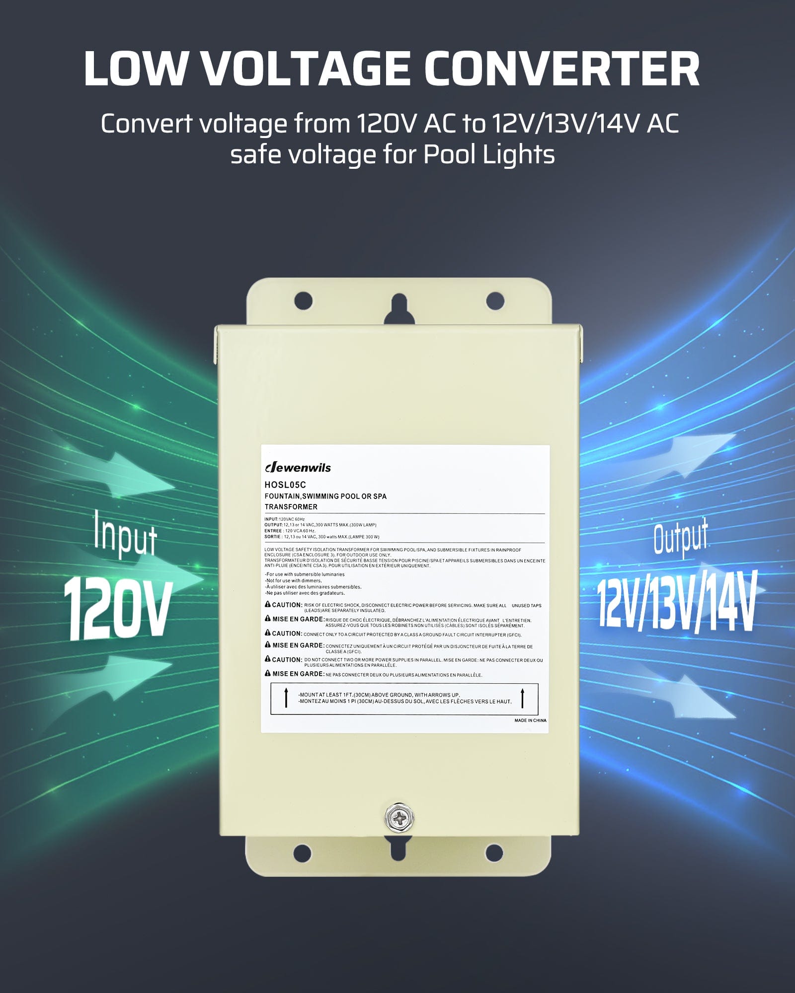 DEWENWILS Low Voltage Converter converts 120V AC to 12V/13V/14V AC, providing safe voltage for pool lights