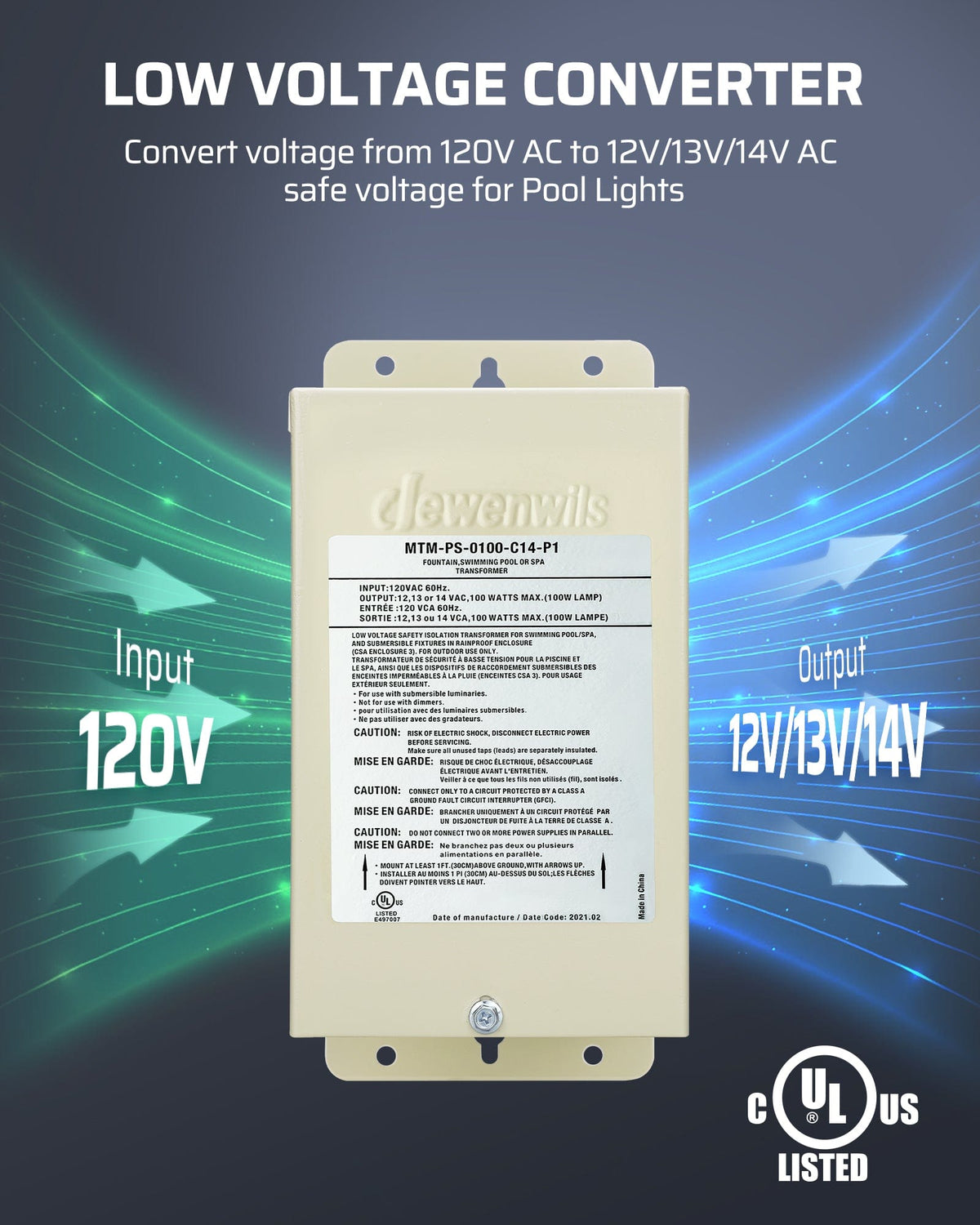 DEWENWILS 100W Low Voltage Transformer converts 120V AC to 12/13/14V AC, providing safe low-voltage power for pool lights and other outdoor lighting.