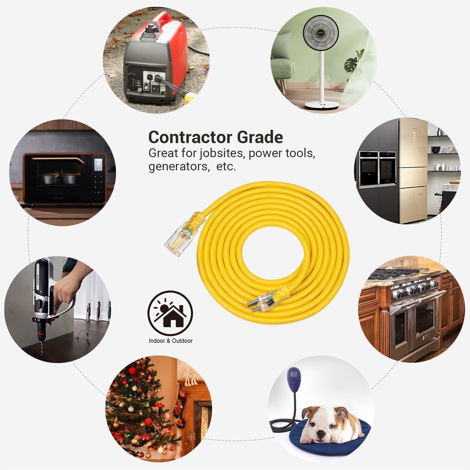 DEWENWILS 15ft 12/3 Gauge Indoor/Outdoor Extension Cord with LED Lighted End, SJTW 15 Amp/125V/1875W Yellow Outer Jacket Contractor Grade Heavy Duty Power Cable with Grounded Plug-HNCY15A