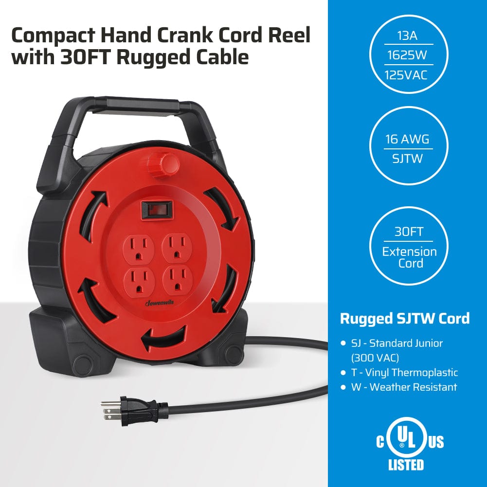 30ft extension cord reel with compact hand crank, rugged 16/3 AWG SJTW cable, 13A 1625W 125VAC rating, weather-resistant Standard Junior (300V) cord.